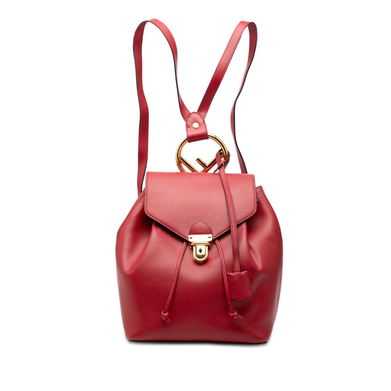 Fendi Red Leather F is Fendi Backpack with Adjustable Straps: Fendi Red Leather F is Fendi Backpack with Adjustable Straps This Fendi backpack showcases a leather exterior in red and features adjustable flat back straps, a flap with push lock closure, a drawstri