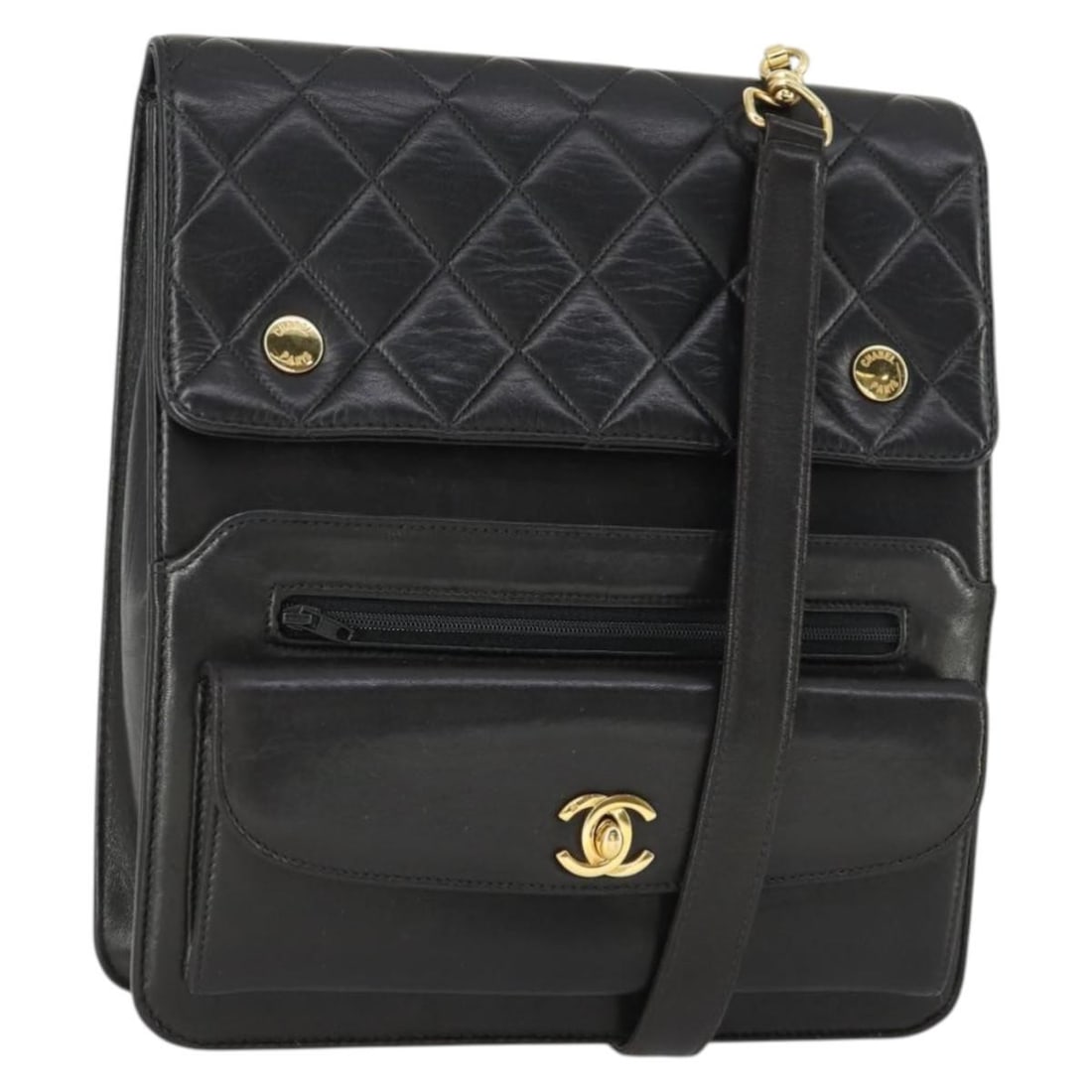 Chanel Matelasse Black Lambskin Shoulder Bag with Gold Chain and CC Logo: Chanel Matelasse Black Lambskin Shoulder Bag with Gold Chain and CC Logo This CHANEL Matelasse chain shoulder bag is crafted from luxurious lambskin leather in black with gold-tone accents. Designed f