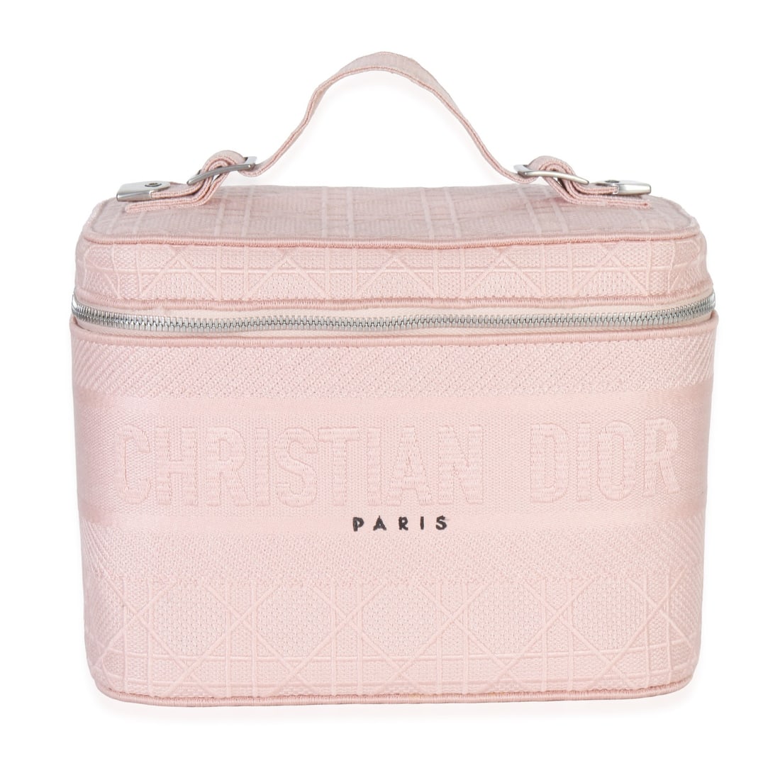 Dior DiorTravel Pink Embroidered Canvas Vanity Case Top Handle Bag: Dior DiorTravel Pink Embroidered Canvas Vanity Case Top Handle Bag This Christian Dior DiorTravel vanity case features pink canvas with embroidered Cannage detailing and a zip-around closure. Designed