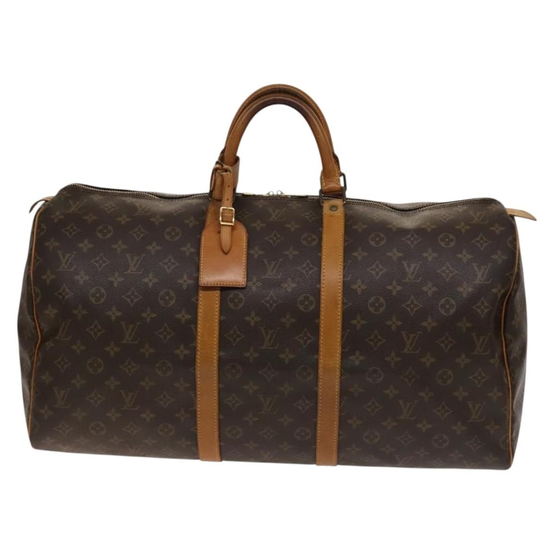 Louis Vuitton Keepall Travel Bag Brown Monogram Canvas Unisex 55cm: Louis Vuitton Keepall Travel Bag Brown Monogram Canvas Unisex 55cm This Louis Vuitton Keepall Bag features the iconic monogram canvas in brown and is designed for unisex use. The bag shows signs of we