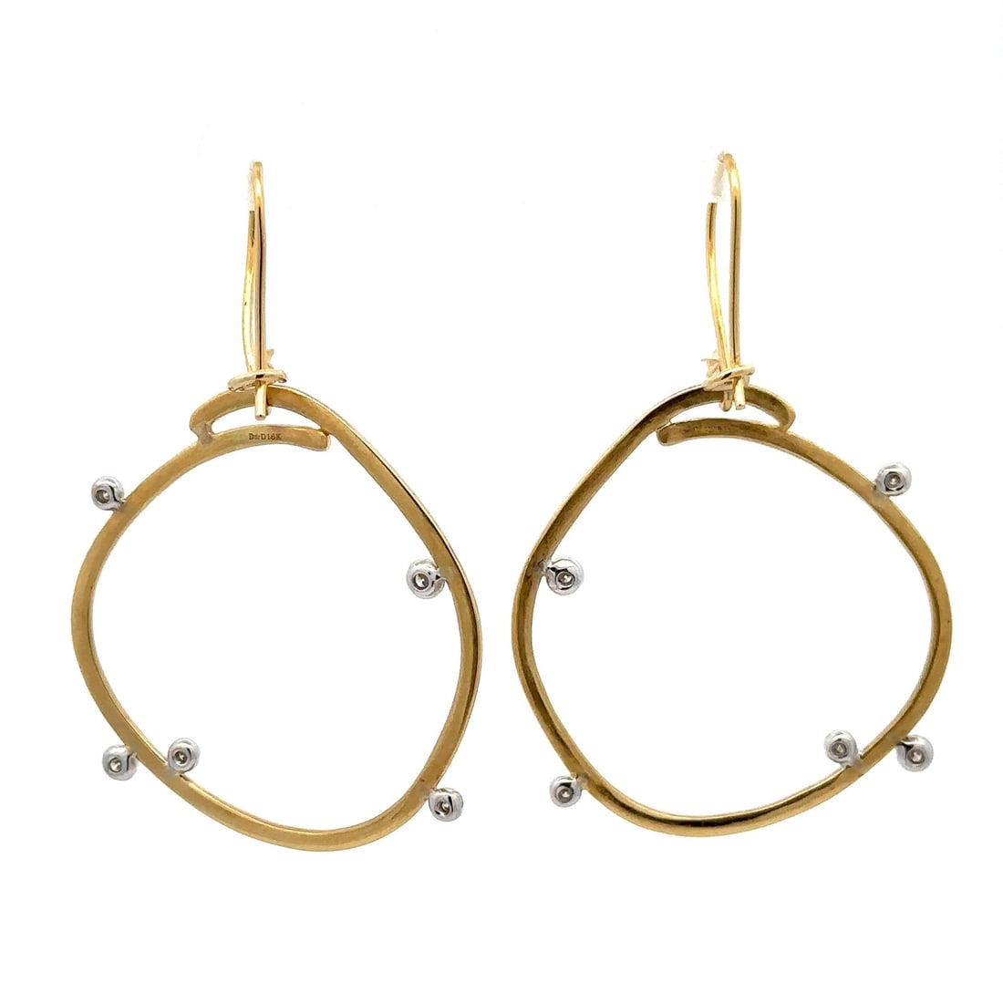 18k Yellow Gold Diamond Freeform Matte Circle Earrings by Dean Davidson: 18k Yellow Gold Diamond Freeform Matte Circle Earrings by Dean Davidson These free form circle earrings are crafted from solid 18k yellow gold with white gold accents and feature ten natural round bri