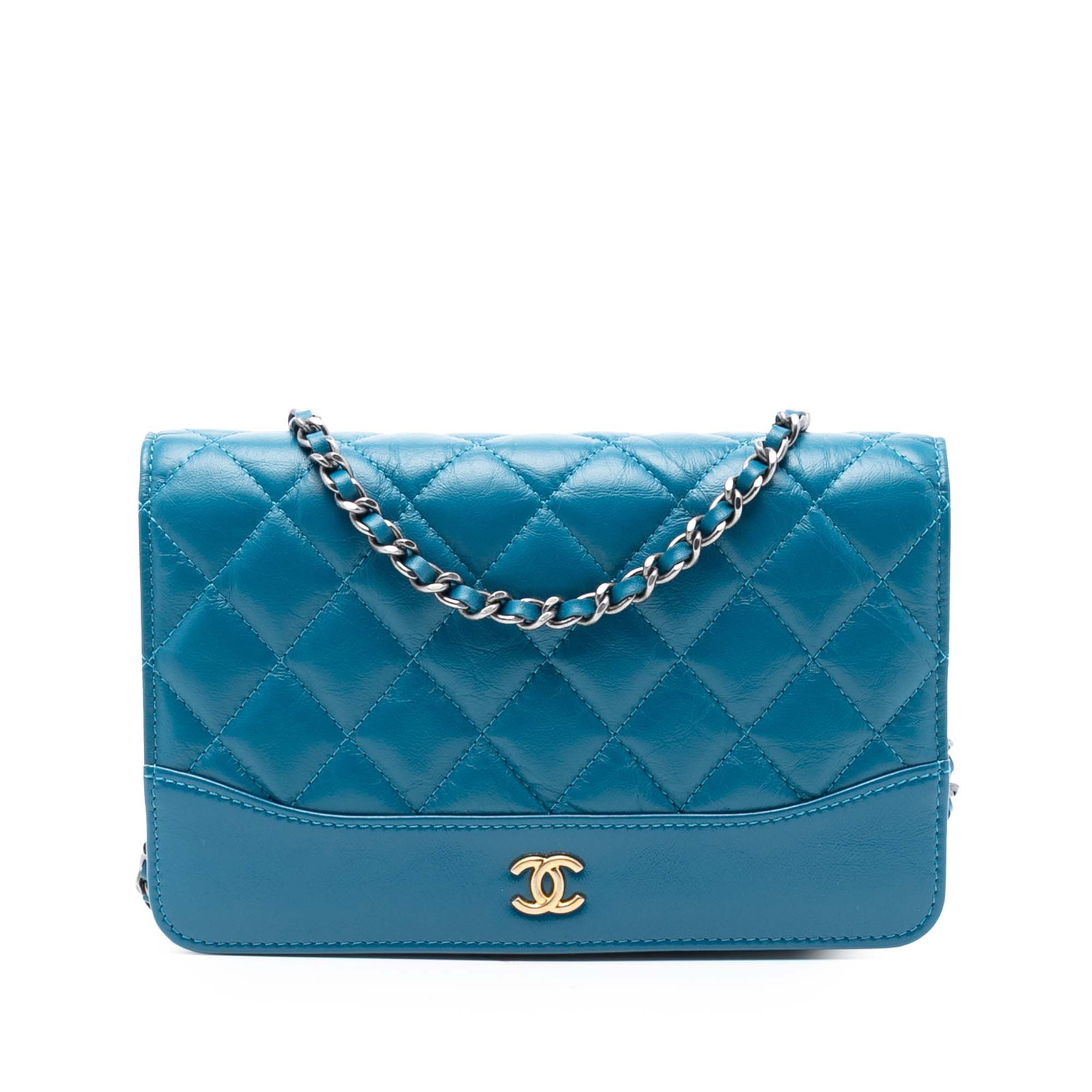 Chanel Gabrielle Blue Quilted Aged Calfskin Wallet On Chain Bag: Chanel Gabrielle Blue Quilted Aged Calfskin Wallet On Chain Bag The Chanel Quilted Aged Calfskin Gabrielle Wallet On Chain features a blue quilted calf leather exterior, a leather-woven chain link str