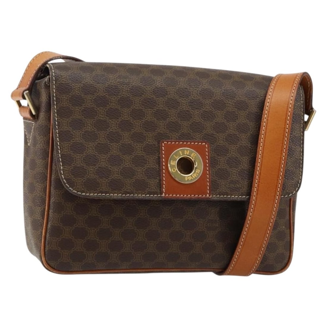 CELINE Macadam Canvas Shoulder Bag PVC Leather Brown Gold Made in France: CELINE Macadam Canvas Shoulder Bag PVC Leather Brown Gold Made in France This elegant CELINE Macadam Canvas Shoulder Bag is crafted from durable PVC leather in a sophisticated brown and gold color com