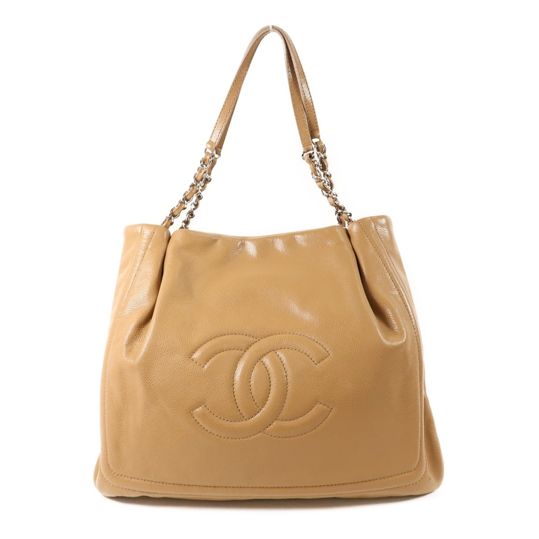 Beige Calfskin Leather Shoulder Bag with Silver Chain by CHANEL: Beige Calfskin Leather Shoulder Bag with Silver Chain by CHANEL This CHANEL shoulder bag features beige calfskin leather with a classic chain design. It is designed for women and offers a regular size