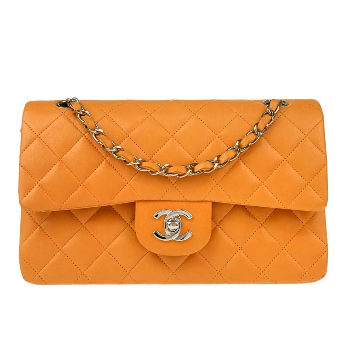 Chanel Orange Lambskin Small Classic Double Flap Shoulder Bag with Authenticity Certificate: Chanel Orange Lambskin Small Classic Double Flap Shoulder Bag with Authenticity Certificate This Chanel Small Classic Double Flap Shoulder Bag is a stunning accessory crafted from luxurious orange lam