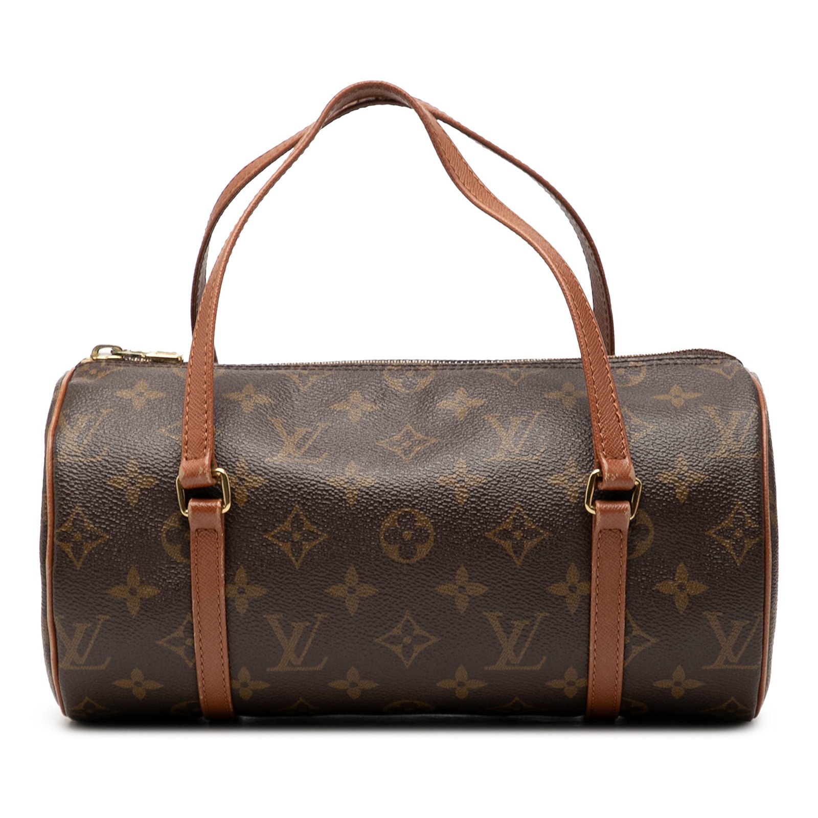 Louis Vuitton Papillon 26 Monogram Canvas Handbag with Leather Handles: Louis Vuitton Papillon 26 Monogram Canvas Handbag with Leather Handles The Louis Vuitton Monogram Papillon 26 features a classic monogram canvas body, complemented by flat leather handles and a top zi