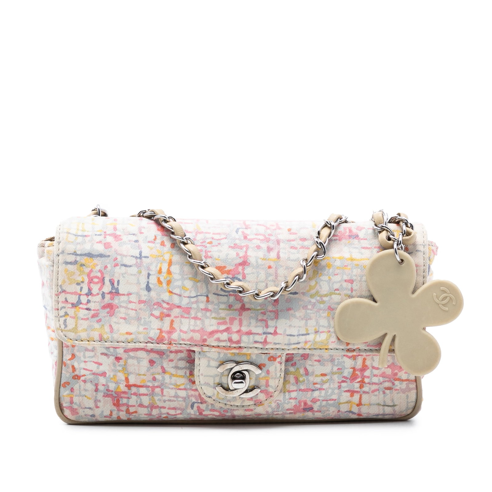 Chanel Watercolor Clover Canvas Small Flap Shoulder Bag with Chain Strap: Chanel Watercolor Clover Canvas Small Flap Shoulder Bag with Chain Strap This Chanel Small Printed Canvas Watercolor Clover Flap shoulder bag features a multicolor printed canvas body with a clover mo