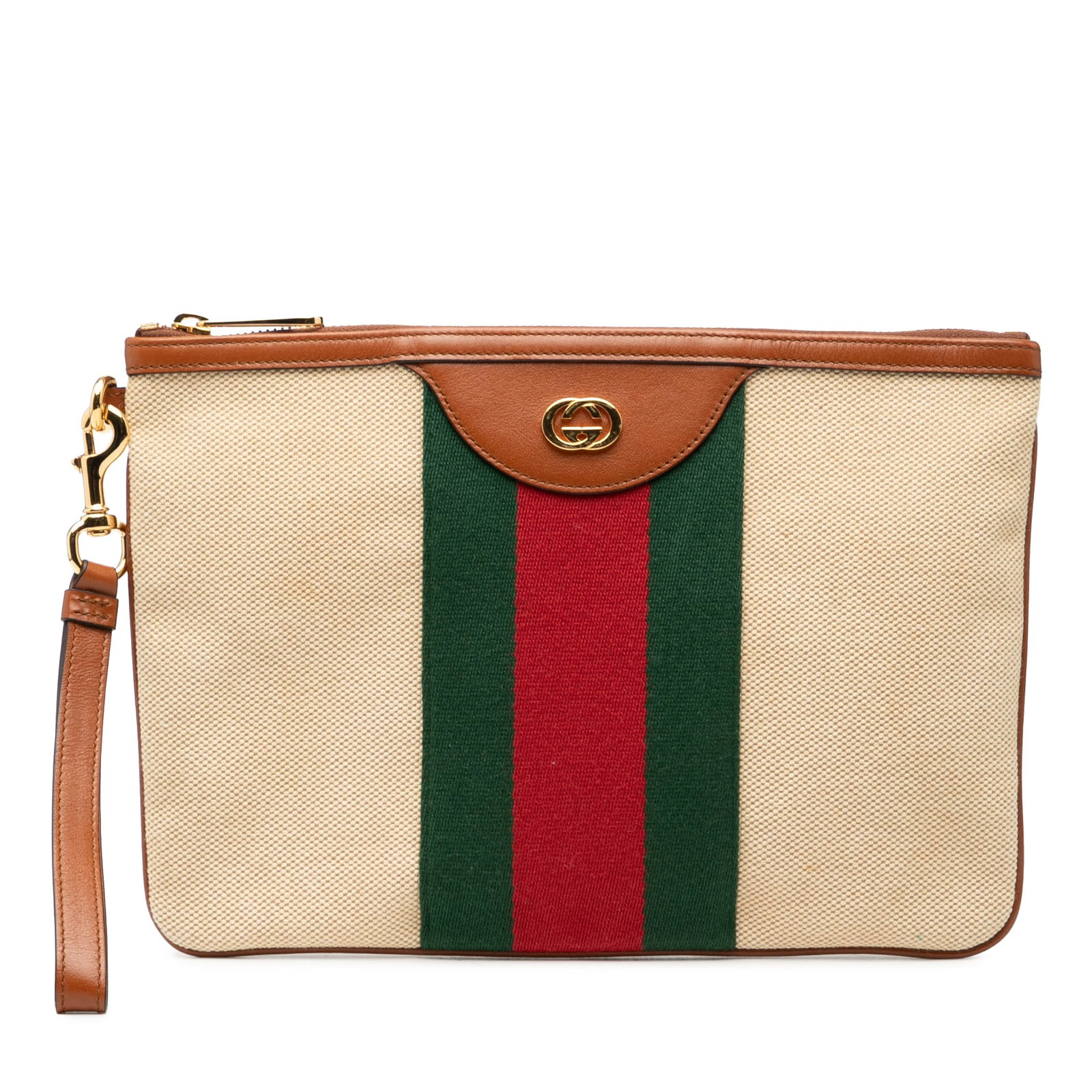 Gucci Brown Canvas Clutch with Leather Trim and Web Wrist Strap: Gucci Brown Canvas Clutch with Leather Trim and Web Wrist Strap This Gucci clutch bag features a canvas body with leather trim and signature web detail. It includes a detachable flat leather wrist str