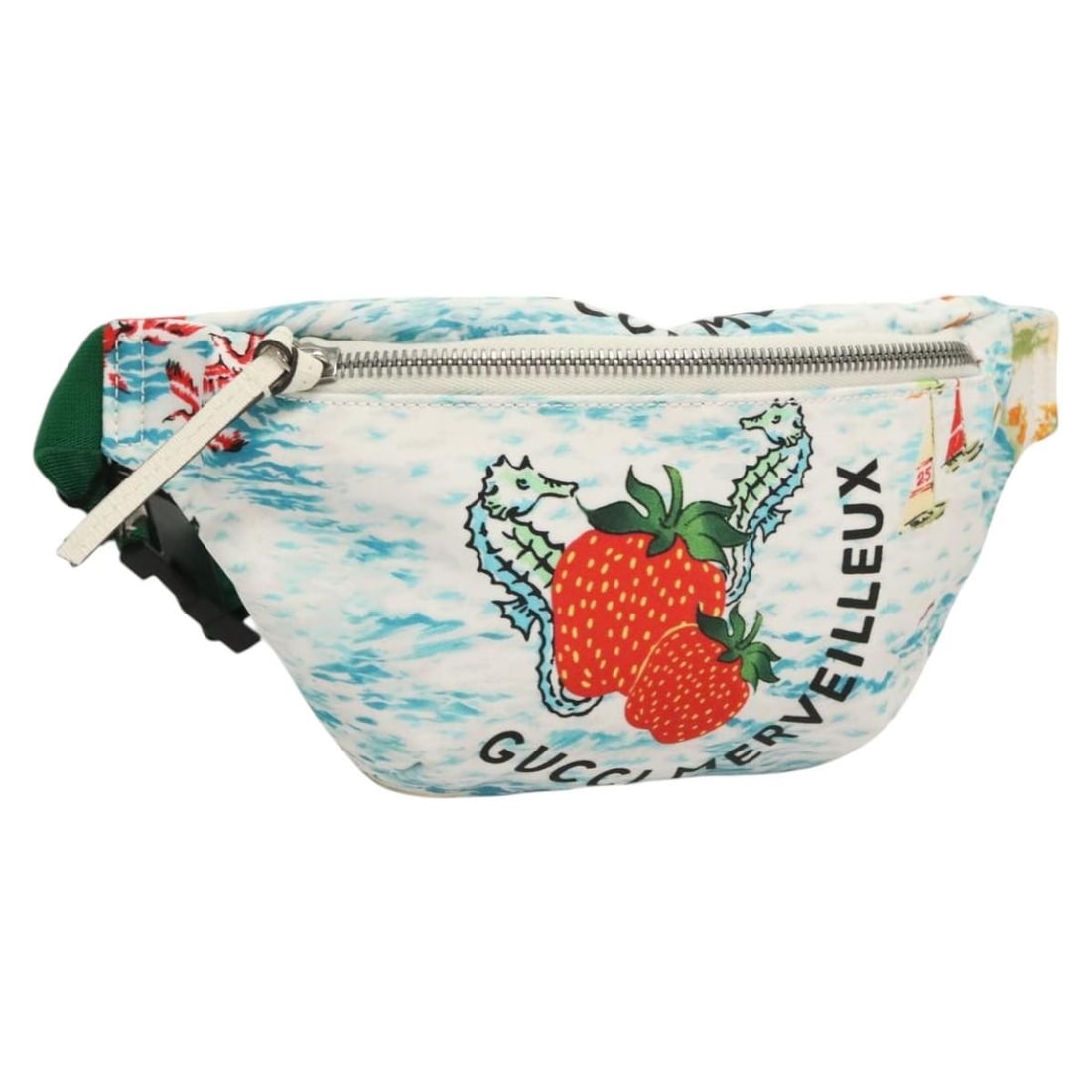Gucci Merveilleux White Nylon Waist Belt Bag for Women: Gucci Merveilleux White Nylon Waist Belt Bag for Women This Gucci Merveilleux Belt Bag for women features a white printed nylon exterior with metal fittings. The waist bag measures 25cm x 13cm x 3cm.