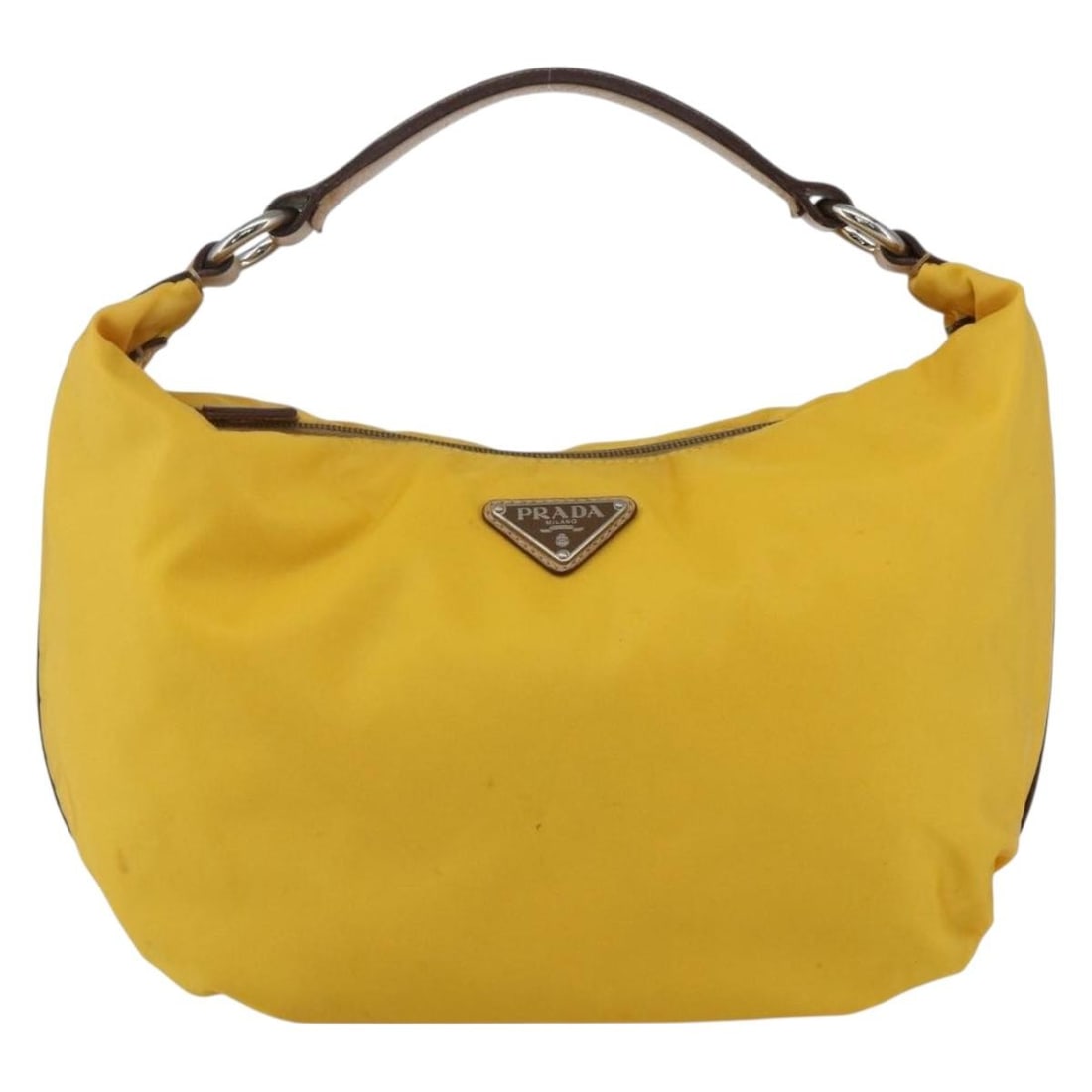 Yellow Tessuto Nylon Shoulder Bag by Prada Vintage: Yellow Tessuto Nylon Shoulder Bag by Prada Vintage This Prada Vintage Shoulder Bag is crafted from yellow nylon and designed for female use. It features a spacious interior and a classic shoulder stra