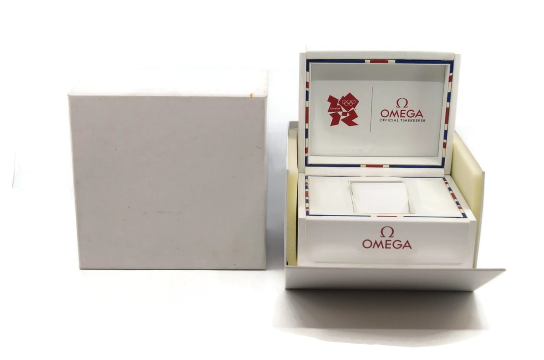 Authentic Omega London 2012 Presentation Box 7x7x5 Inches: Authentic Omega London 2012 Presentation Box 7x7x5 Inches This elegant Omega London 2012 Watch Box is perfect for presenting and storing your timepiece. Crafted from durable paper and cardboard, it fe