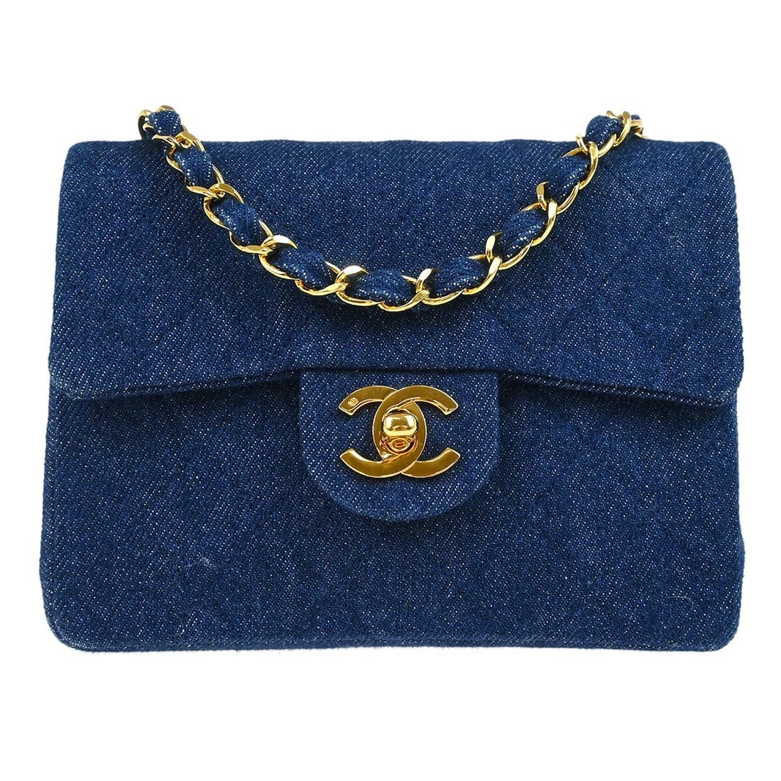 Chanel Blue Denim Mini Classic Flap Bag with Gold Hardware: Chanel Blue Denim Mini Classic Flap Bag with Gold Hardware This Chanel Mini Classic Square Flap Shoulder Bag is a stylish and functional accessory perfect for casual occasions. Crafted from durable bl