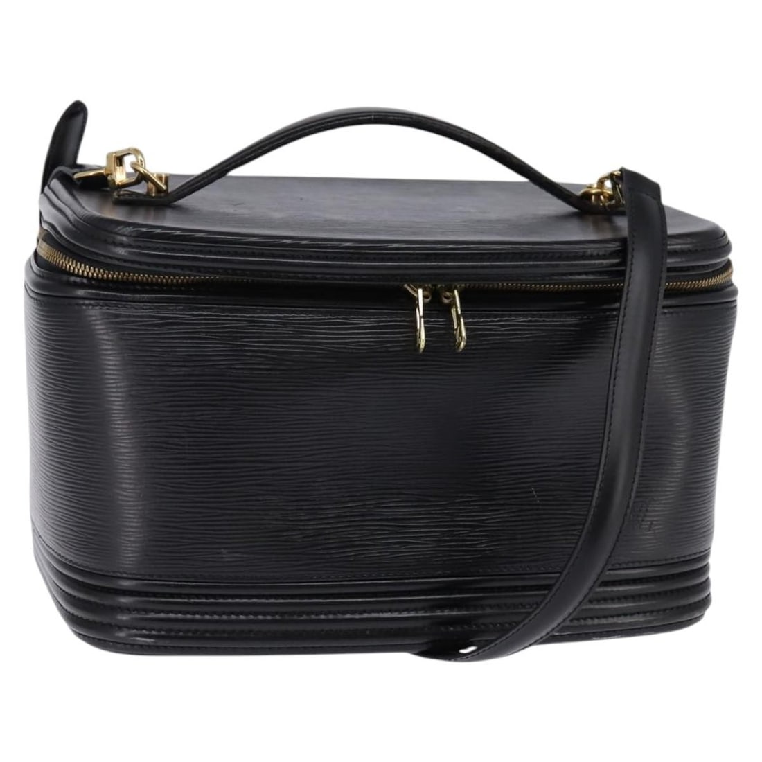 Black Epi Leather Vanity Bag by Louis Vuitton Nice Model: Black Epi Leather Vanity Bag by Louis Vuitton Nice Model This pre-owned Louis Vuitton Nice Vanity Case is crafted from black Epi leather and designed for women. It features signs of wear including rub