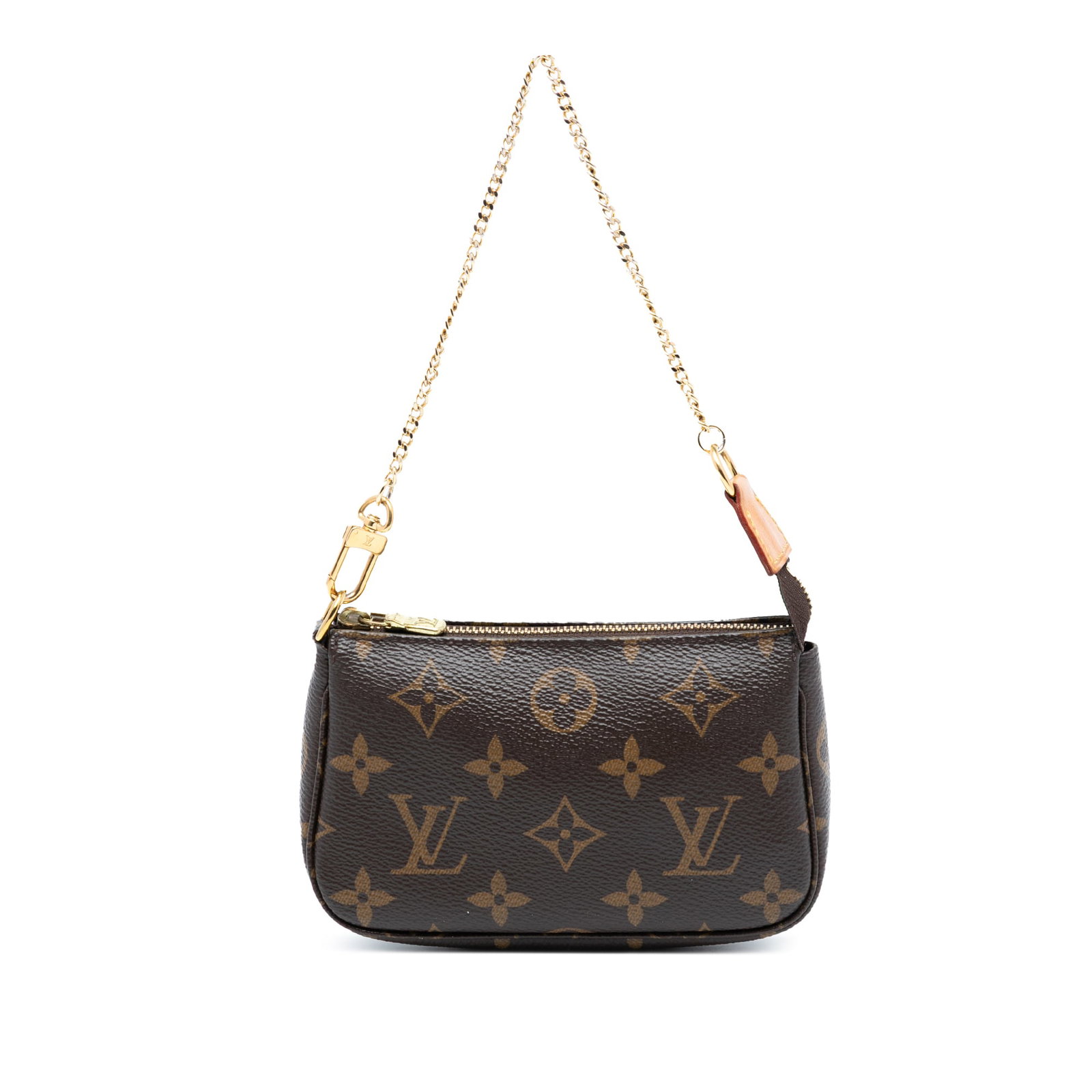Louis Vuitton Mini Monogram Canvas Pouch with Gold Chain Strap: Louis Vuitton Mini Monogram Canvas Pouch with Gold Chain Strap This Louis Vuitton Mini Pochette Accessoires features the iconic monogram canvas body, accented with a gold-tone chain link strap and a s