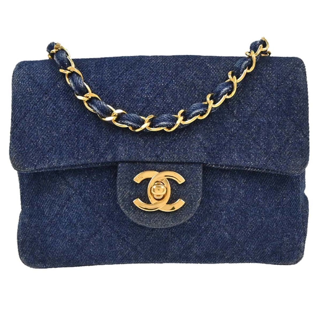 Chanel Indigo Denim Mini Classic Flap Shoulder Bag with Chain Strap: Chanel Indigo Denim Mini Classic Flap Shoulder Bag with Chain Strap Elevate your casual style with this Chanel Indigo Denim Mini Classic Square Flap Shoulder Bag. Crafted from luxurious denim and feat