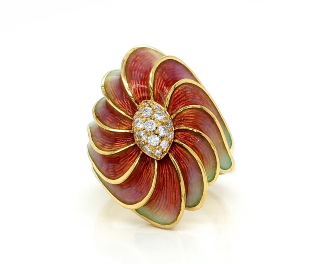 18K Yellow Gold Multicolor Enamel Floral Swirl Diamond Ring Size 7: 18K Yellow Gold Multicolor Enamel Floral Swirl Diamond Ring Size 7 This vintage cocktail ring is expertly crafted in solid 18k yellow gold and features a bold swirl floral design with vibrant multicol