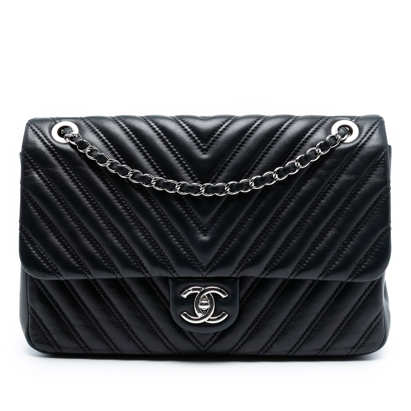 Chanel Jumbo Chevron Lambskin Single Flap Shoulder Bag Black Quilted Leather (1 of 8)