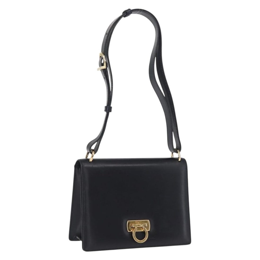 Navy Leather Gancini Shoulder Bag by Salvatore Ferragamo Gold Tone Accent: Navy Leather Gancini Shoulder Bag by Salvatore Ferragamo Gold Tone Accent This Salvatore Ferragamo Gancini shoulder bag is crafted from navy leather with gold-tone accents. Made in Italy, it features