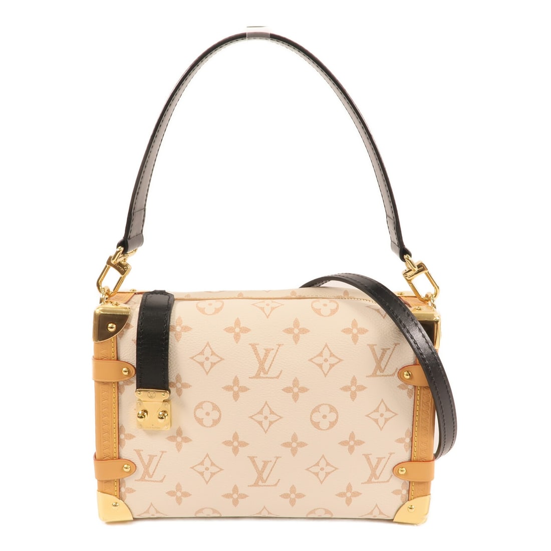 Louis Vuitton Side Trunk MM Monogram Dune Beige Shoulder Bag M46907: Louis Vuitton Side Trunk MM Monogram Dune Beige Shoulder Bag M46907 This Louis Vuitton Side Trunk MM is a versatile 2-way shoulder bag crafted from beige PVC coated canvas in the signature Monogram pa