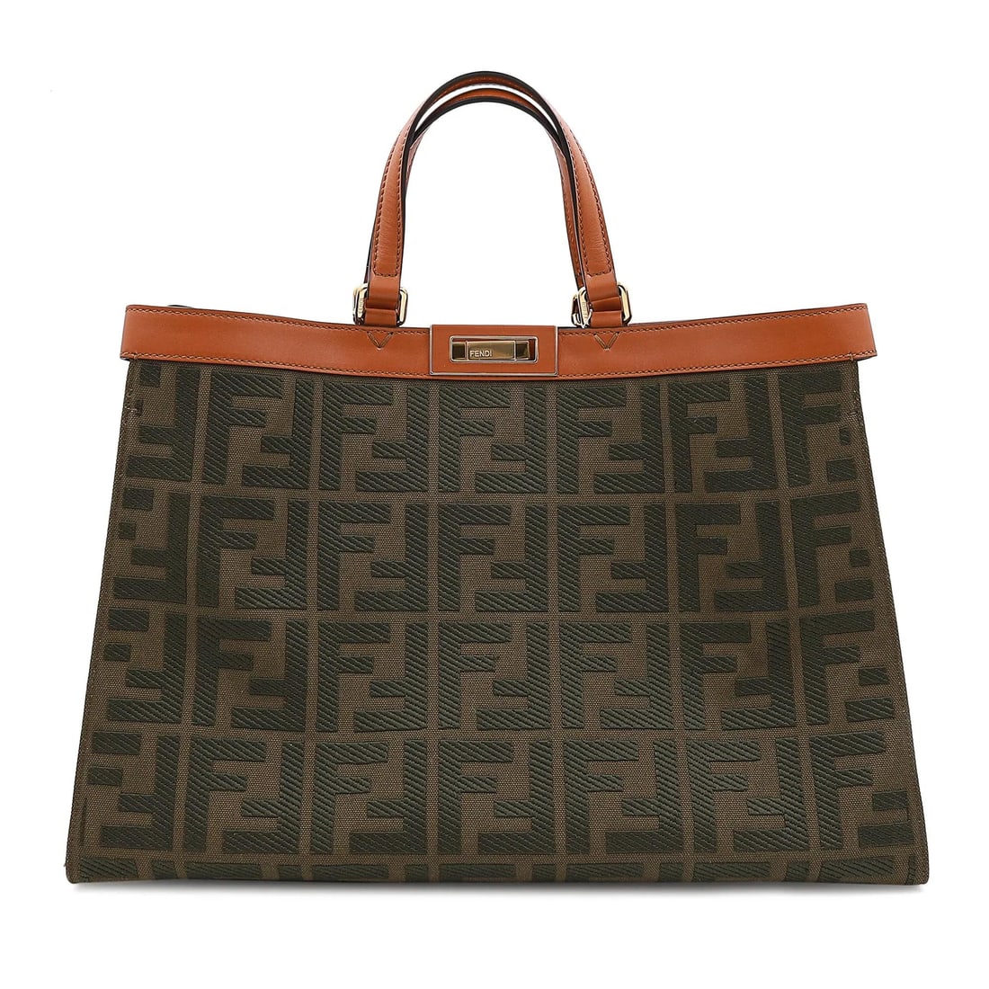 Fendi Peekaboo X-Tote Green Canvas Medium Handbag with Gold Tone Hardware: Fendi Peekaboo X-Tote Green Canvas Medium Handbag with Gold Tone Hardware Introducing the Fendi Peekaboo X-Tote Canvas Medium Handbag in a striking green hue, perfect for any season. This stylish tote