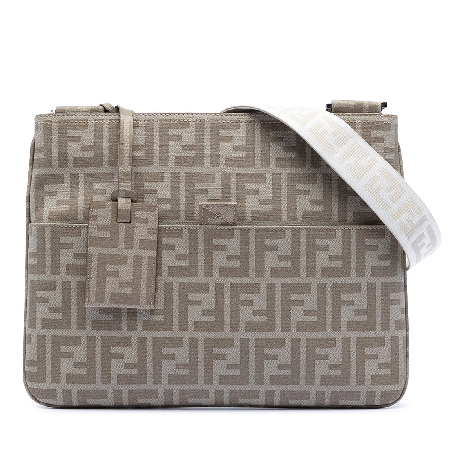 Fendi Zucca Pattern Brown Coated Canvas Crossbody Bag with Leather Trim: Fendi Zucca Pattern Brown Coated Canvas Crossbody Bag with Leather Trim This Fendi Zucca crossbody bag is crafted from coated canvas with leather trim and features an adjustable flat canvas strap. It