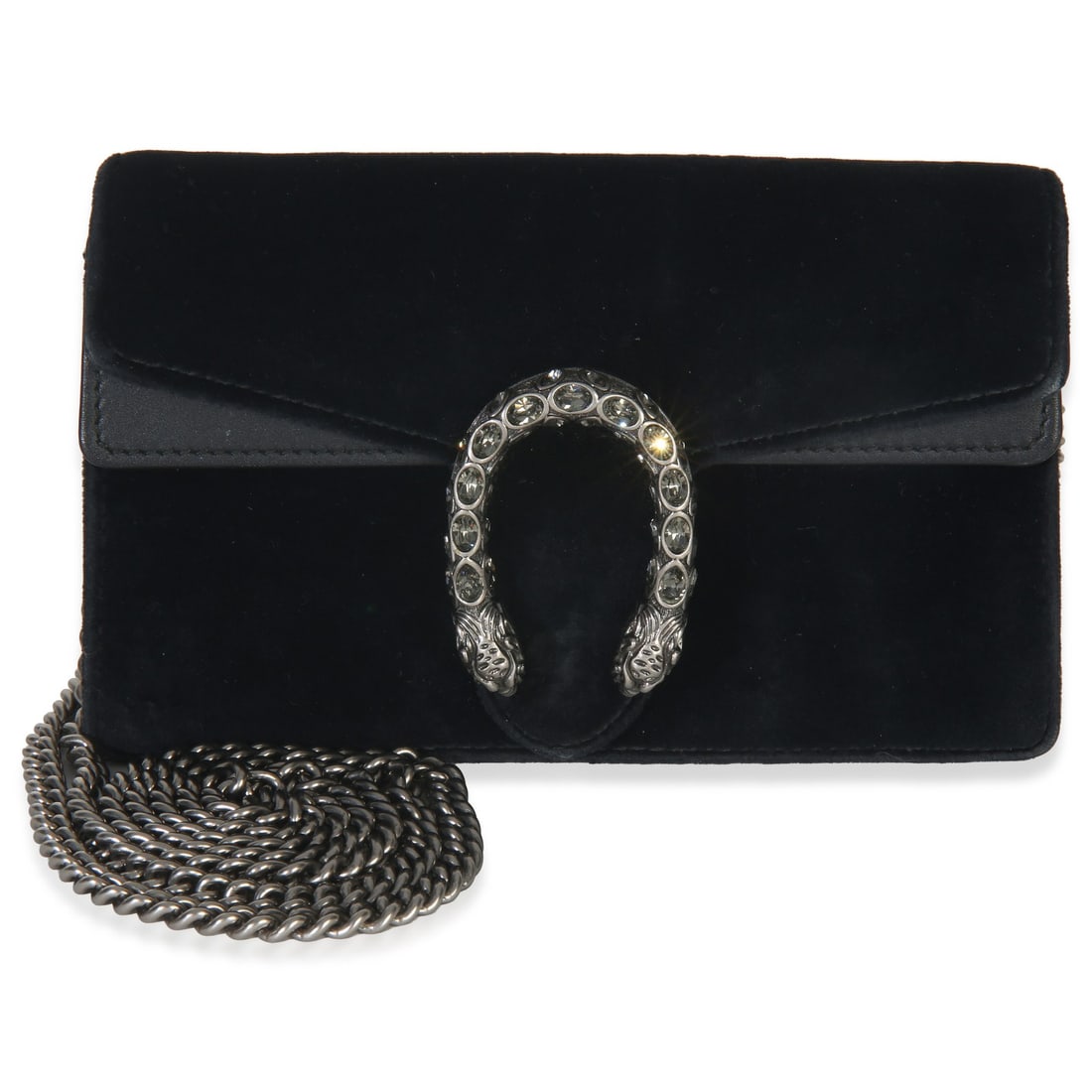 Gucci Super Mini Dionysus Black Velvet Crossbody Bag with Chain: Gucci Super Mini Dionysus Black Velvet Crossbody Bag with Chain This Gucci Super Mini Dionysus Chain Bag features a black velvet exterior with gunmetal hardware and a snap closure. The interior is lin