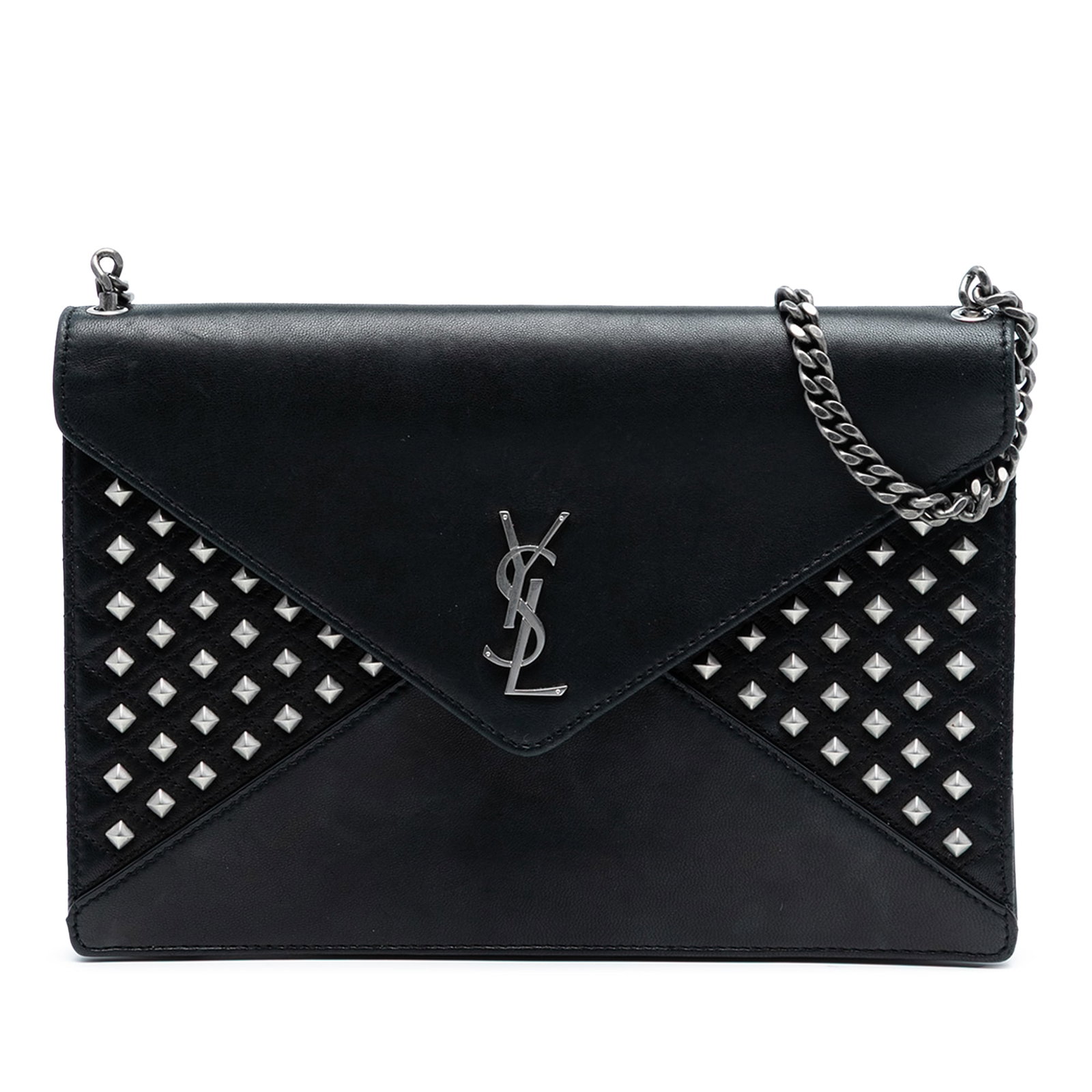 Saint Laurent Gaby Studded Lambskin Quilted Shoulder Bag with Monogram: Saint Laurent Gaby Studded Lambskin Quilted Shoulder Bag with Monogram This Saint Laurent shoulder bag showcases a quilted lambskin leather body embellished with stud details. It features a chain link