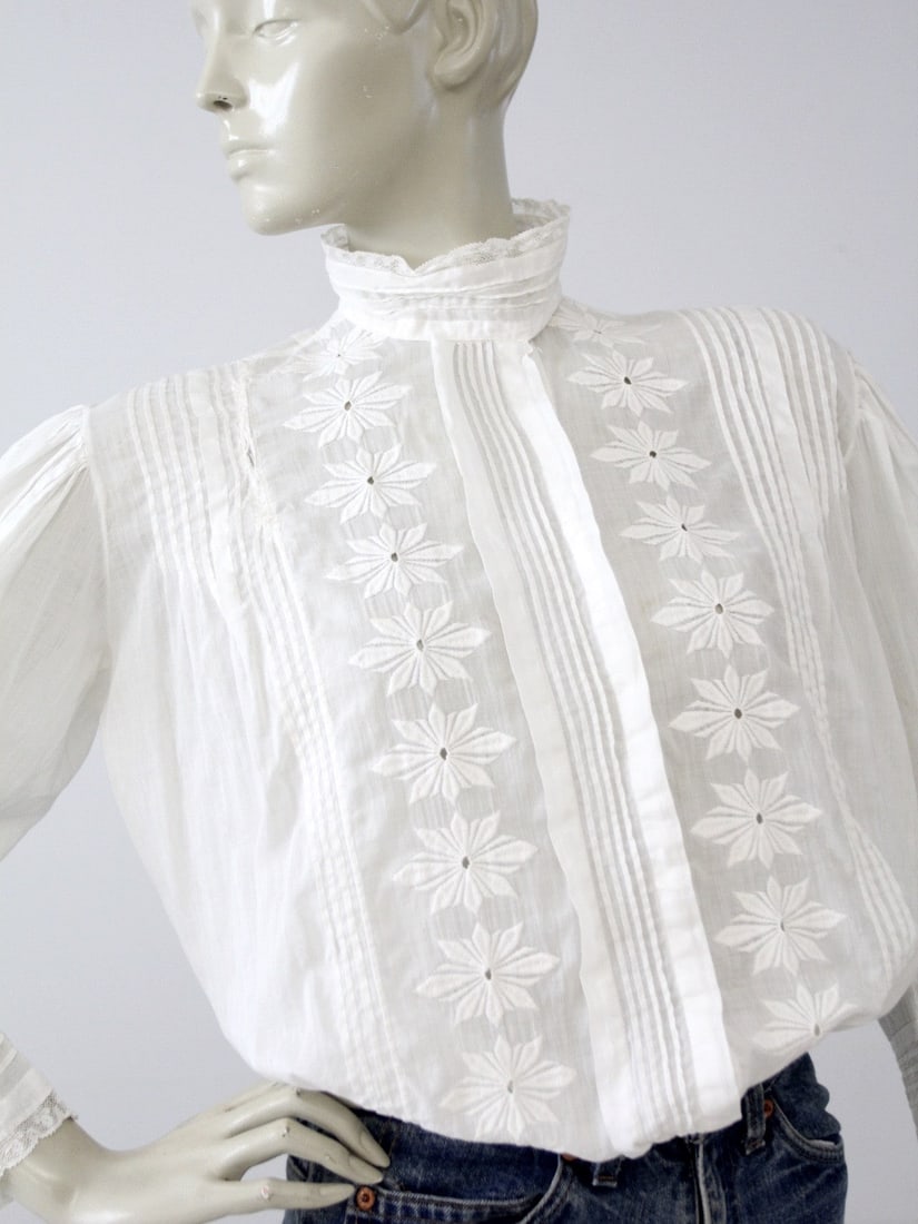 Vintage Edwardian White Blouse with Embossed Flowers and Lace Sleeves (1 of 11)