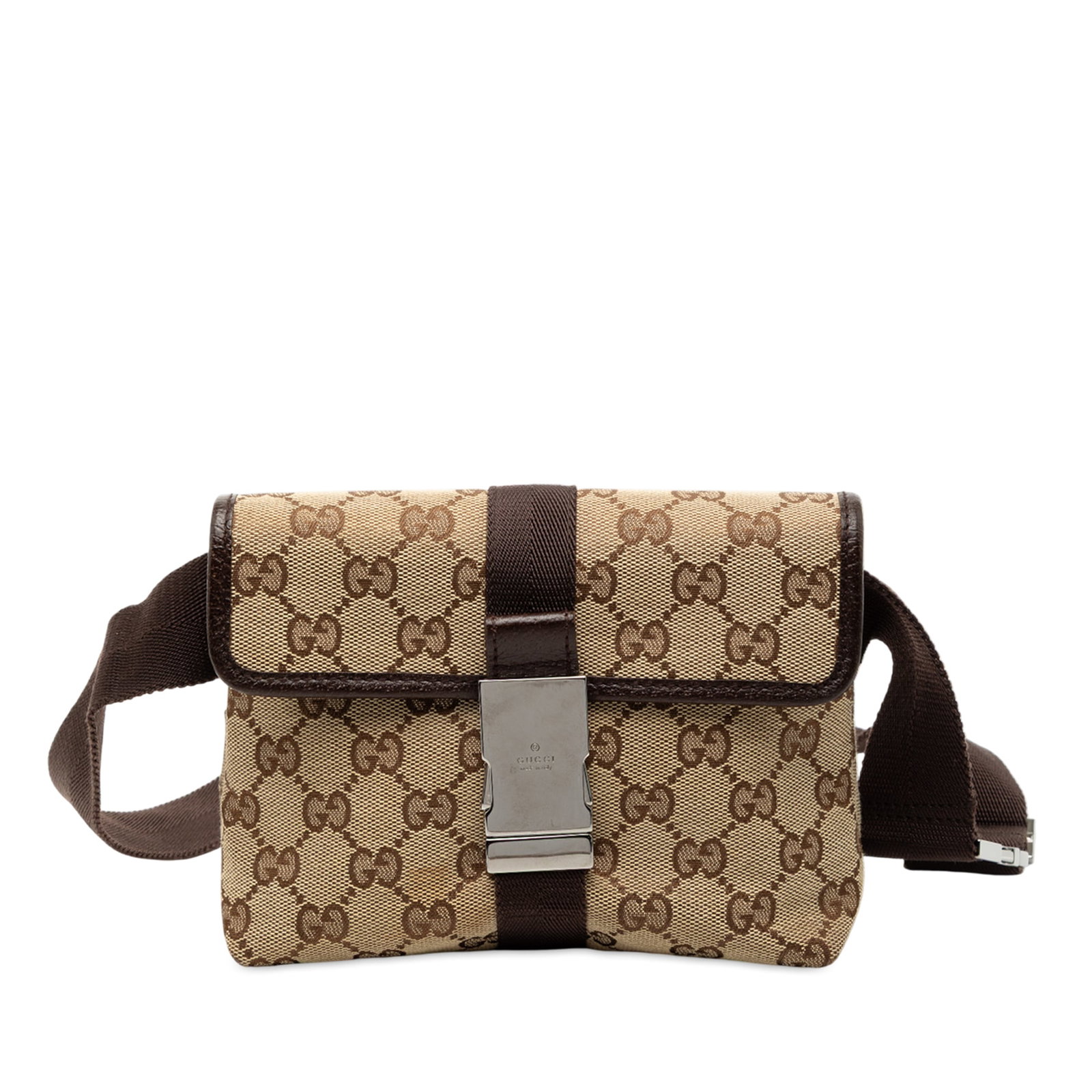 Gucci GG Canvas Brown Belt Bag with Leather Trim: Gucci GG Canvas Brown Belt Bag with Leather Trim This Gucci GG Canvas Belt Bag features a canvas body with leather trim, an adjustable flat waist strap, a flap with buckle closure, and an interior zip