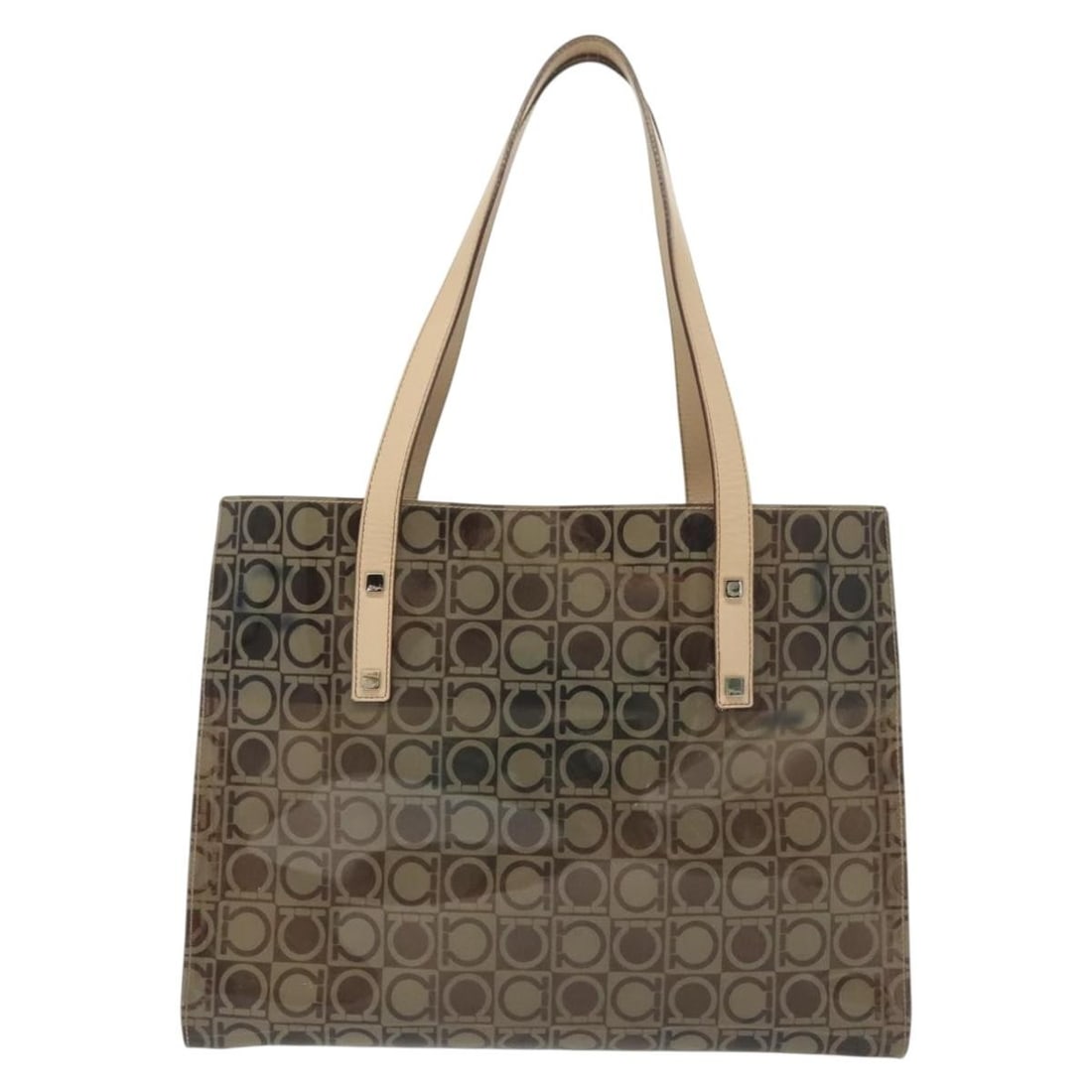 Salvatore Ferragamo Gancini Brown Synthetic Tote Bag 32cm by 24cm by 14cm: Salvatore Ferragamo Gancini Brown Synthetic Tote Bag 32cm by 24cm by 14cm This Salvatore Ferragamo Gancini tote bag for women features a brown synthetic vinyl construction. It offers a spacious design