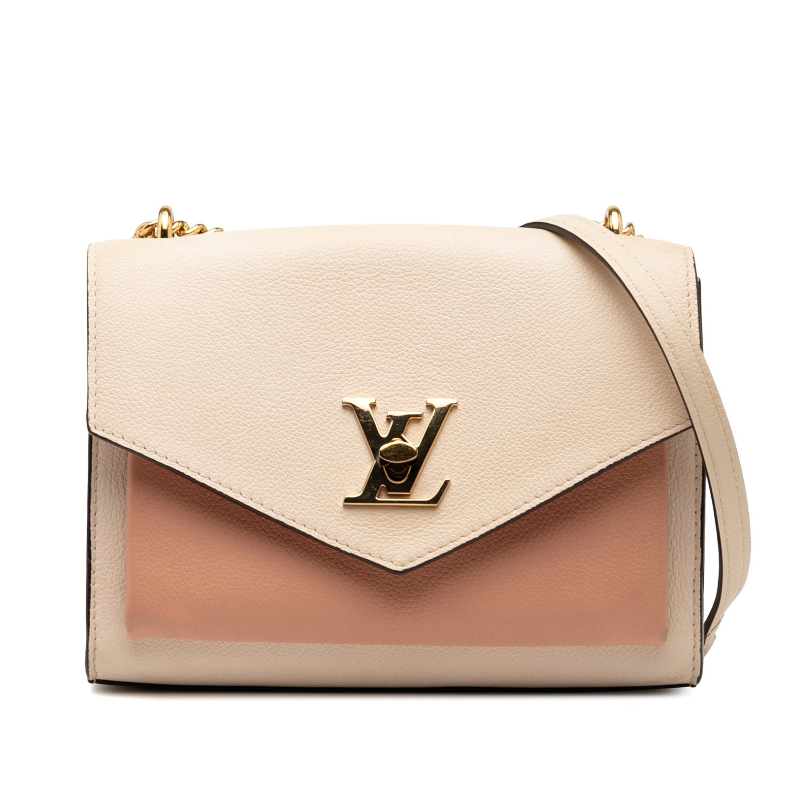 Louis Vuitton Bicolor Leather MyLockMe Chain BB Bag with Gold-tone Strap: Louis Vuitton Bicolor Leather MyLockMe Chain BB Bag with Gold-tone Strap Introducing the Louis Vuitton Bicolor Leather MyLockMe Chain BB, a sophisticated and stylish handbag perfect for any occasion.