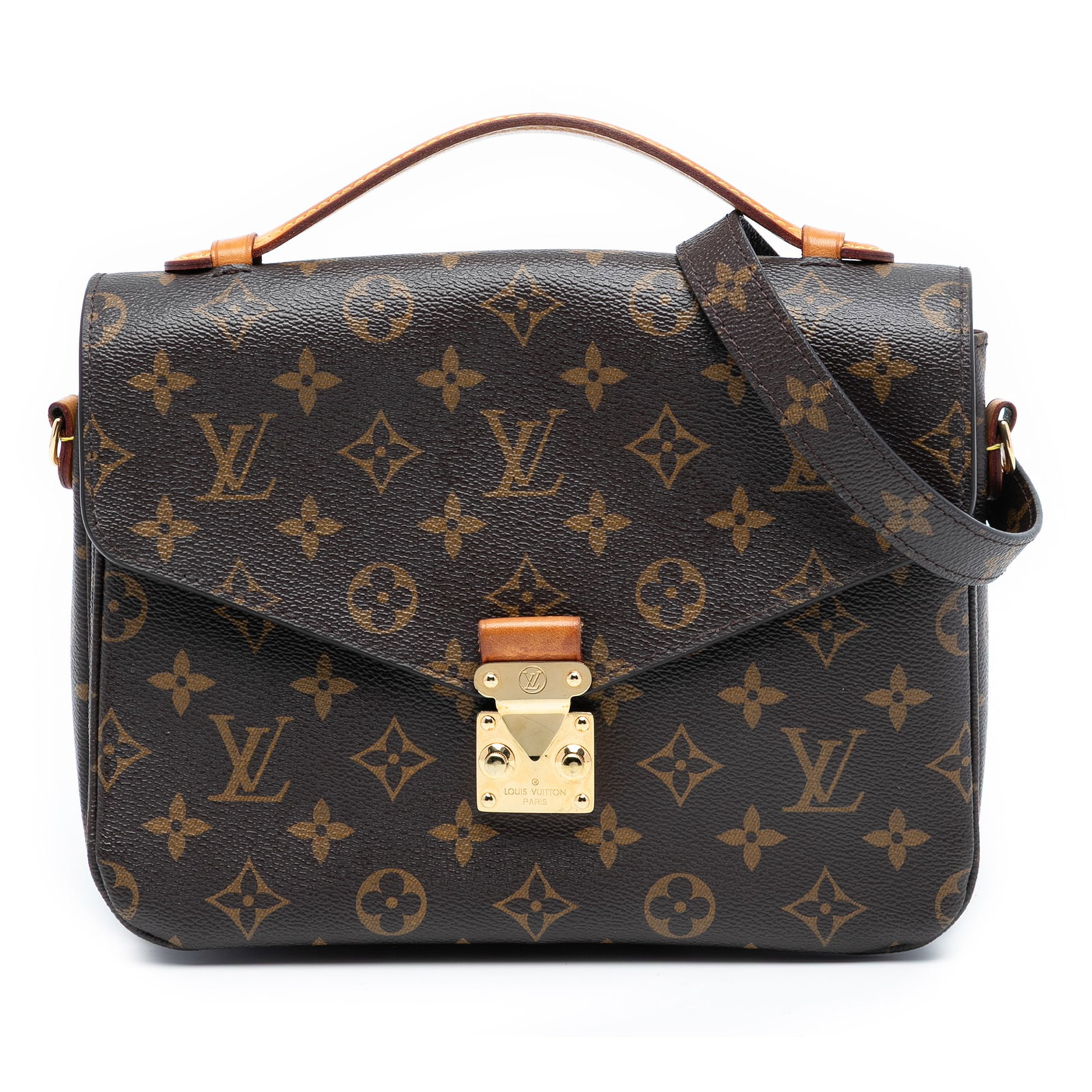 Pochette Metis Shoulder Bag with Monogram Canvas and Vachetta Handle: Pochette Metis Shoulder Bag with Monogram Canvas and Vachetta Handle The Louis Vuitton Monogram Pochette Metis features the iconic monogram canvas body with a flat vachetta leather top handle and a de