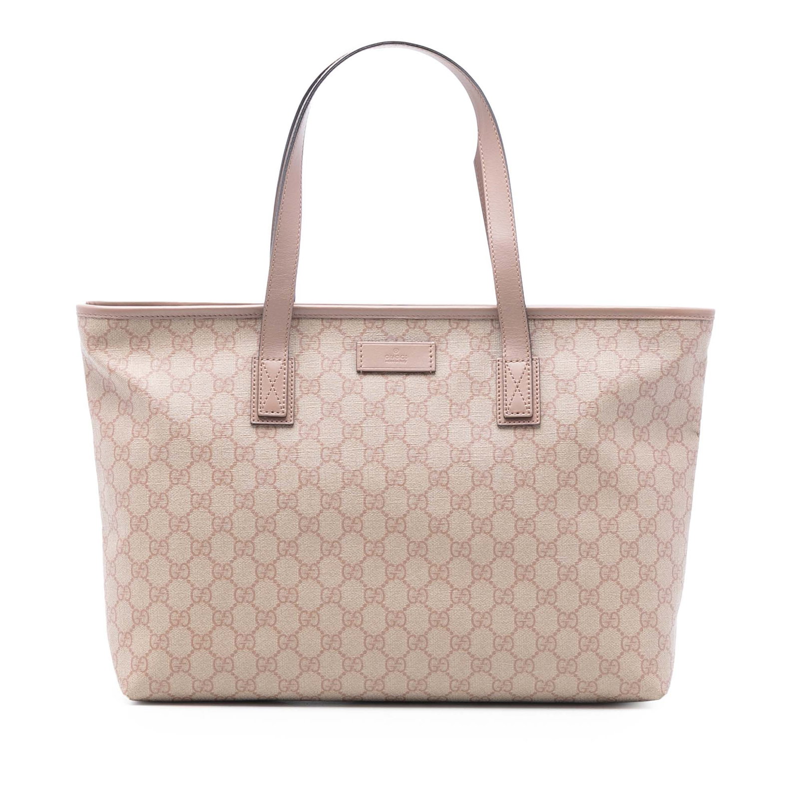 Pink Gucci GG Supreme Coated Canvas Tote Bag with Leather Trim: Pink Gucci GG Supreme Coated Canvas Tote Bag with Leather Trim This Gucci GG Supreme Tote features a coated canvas exterior with leather trim, flat leather straps, a top zip closure, and an interior w