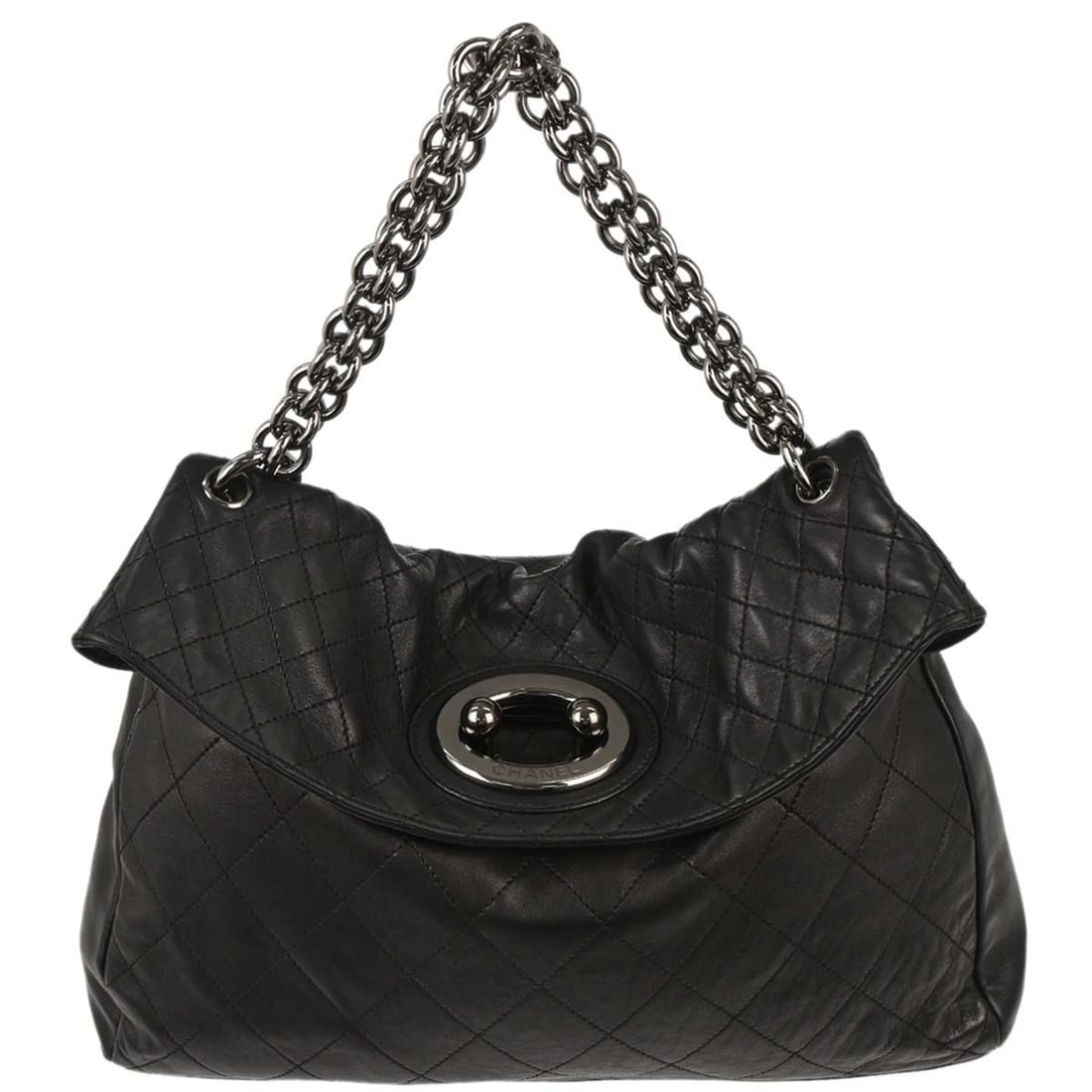 Chanel Medium Black Lambskin Shoulder Bag with Chain Strap: Chanel Medium Black Lambskin Shoulder Bag with Chain Strap This Chanel shoulder bag features luxurious black lambskin leather with a classic logo accent. Designed in a medium size, it is suitable for