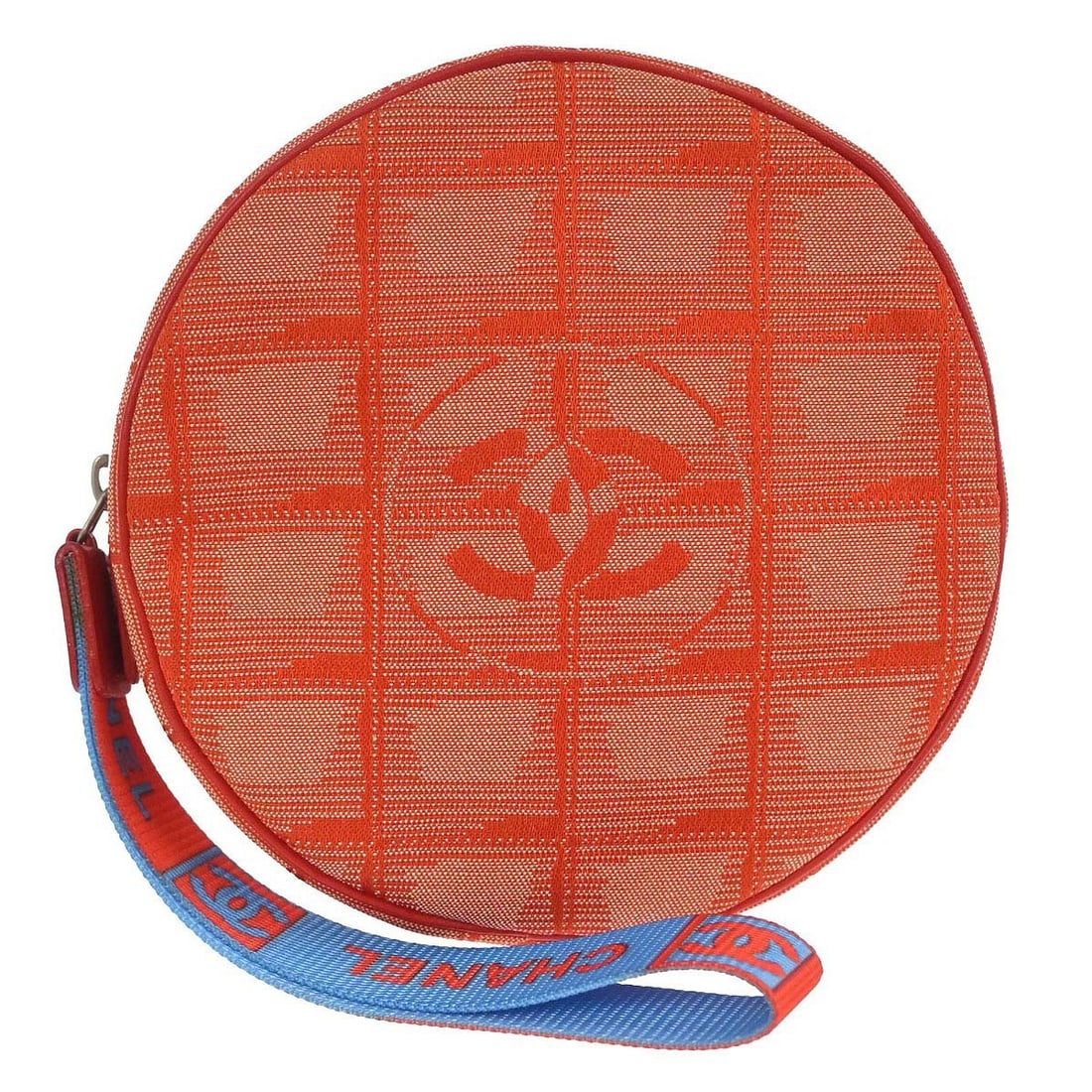 Travel Line Orange Canvas Clutch Bag by Chanel: Travel Line Orange Canvas Clutch Bag by Chanel This Chanel Travel Line pouch features a vibrant orange jacquard nylon exterior with a canvas finish, designed in a stylish clutch silhouette. Created fo