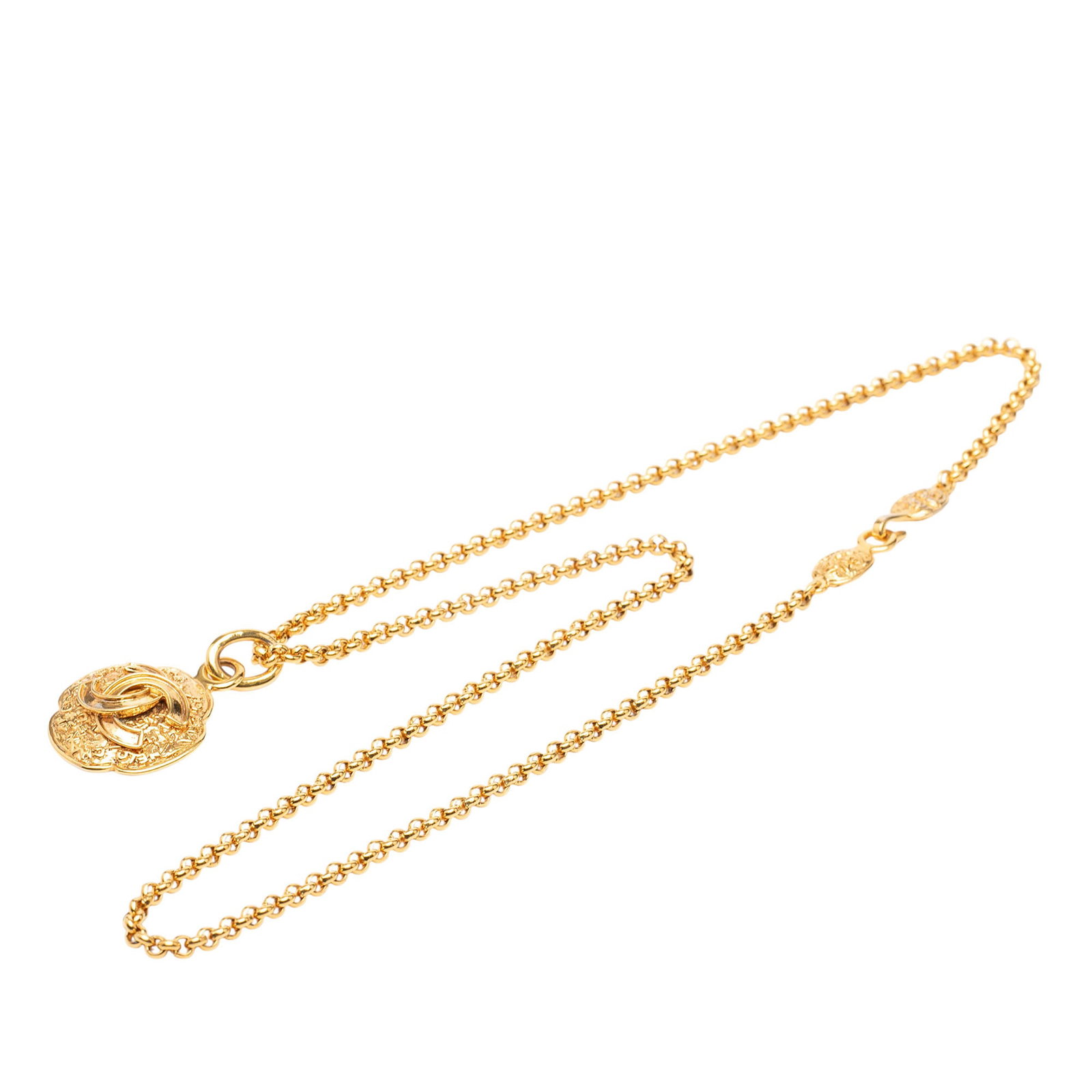 Chanel CC Medallion Gold Plated Pendant Necklace: Chanel CC Medallion Gold Plated Pendant Necklace This Chanel necklace features a gold plated metal body with a CC medallion pendant and a hook closure. The piece is categorized as costume jewelry and