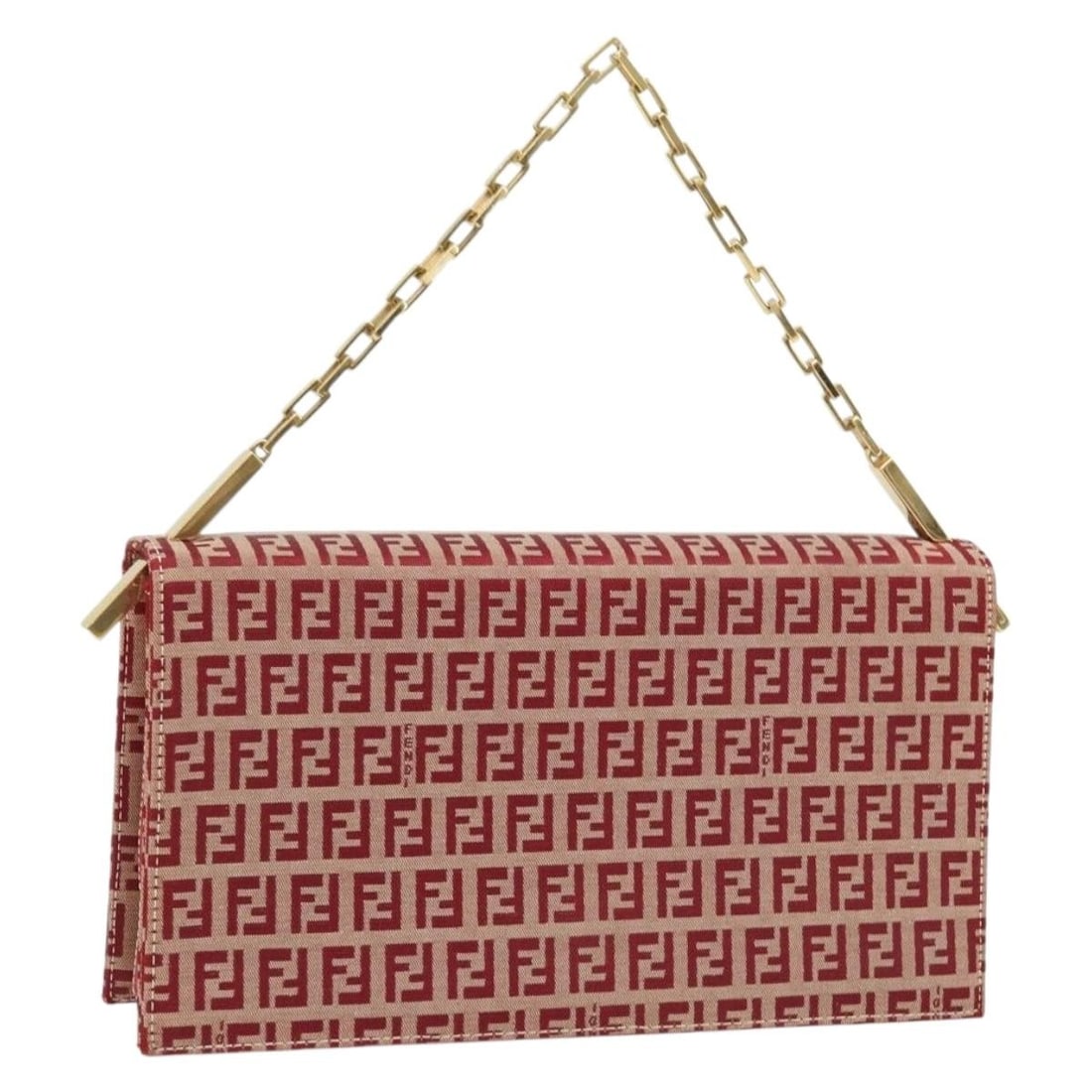 Red and Gold Zucchino Canvas Fendi Shoulder Bag with Chain Strap: Red and Gold Zucchino Canvas Fendi Shoulder Bag with Chain Strap This FENDI Zucchino Canvas chain shoulder bag features a red and gold color scheme and is crafted from signature Zucchino canvas. Desig