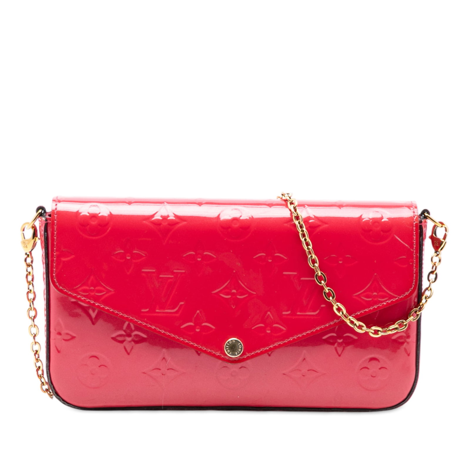 Louis Vuitton Red Monogram Vernis Felicie Leather Pochette With Chain Strap: Louis Vuitton Red Monogram Vernis Felicie Leather Pochette With Chain Strap This Louis Vuitton Monogram Vernis Pochette Felicie features a glossy monogram vernis leather body in red, complemented by a