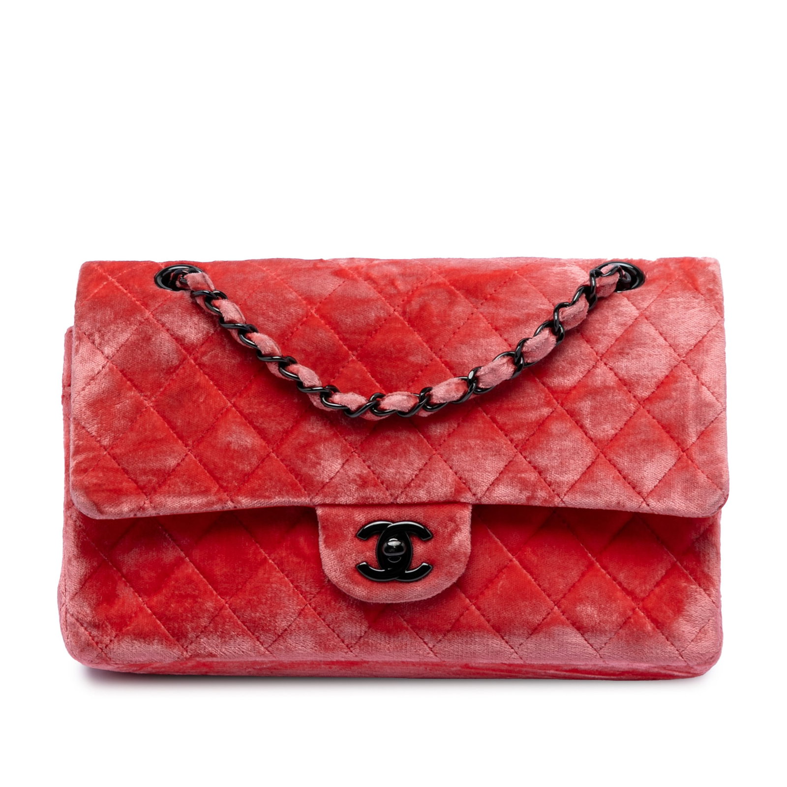 Red Quilted Velvet Shoulder Bag Chanel Medium Double Flap France: Red Quilted Velvet Shoulder Bag Chanel Medium Double Flap France This Chanel Medium Classic Velvet Double Flap shoulder bag features a quilted velvet body, leather-woven chain straps, double front fla