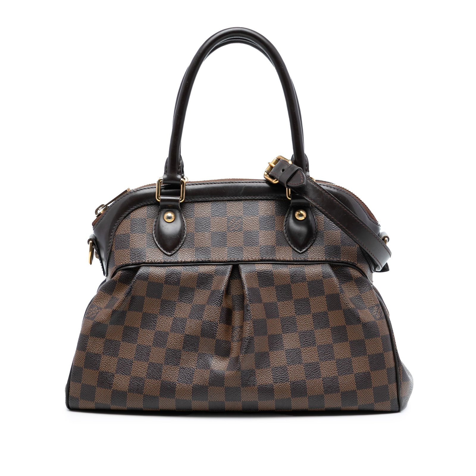 Louis Vuitton Trevi PM Brown Damier Ebene Canvas Satchel with Leather Trim: Louis Vuitton Trevi PM Brown Damier Ebene Canvas Satchel with Leather Trim The Louis Vuitton Damier Ebene Trevi PM features a damier ebene canvas body with leather trim and rolled leather handles. It