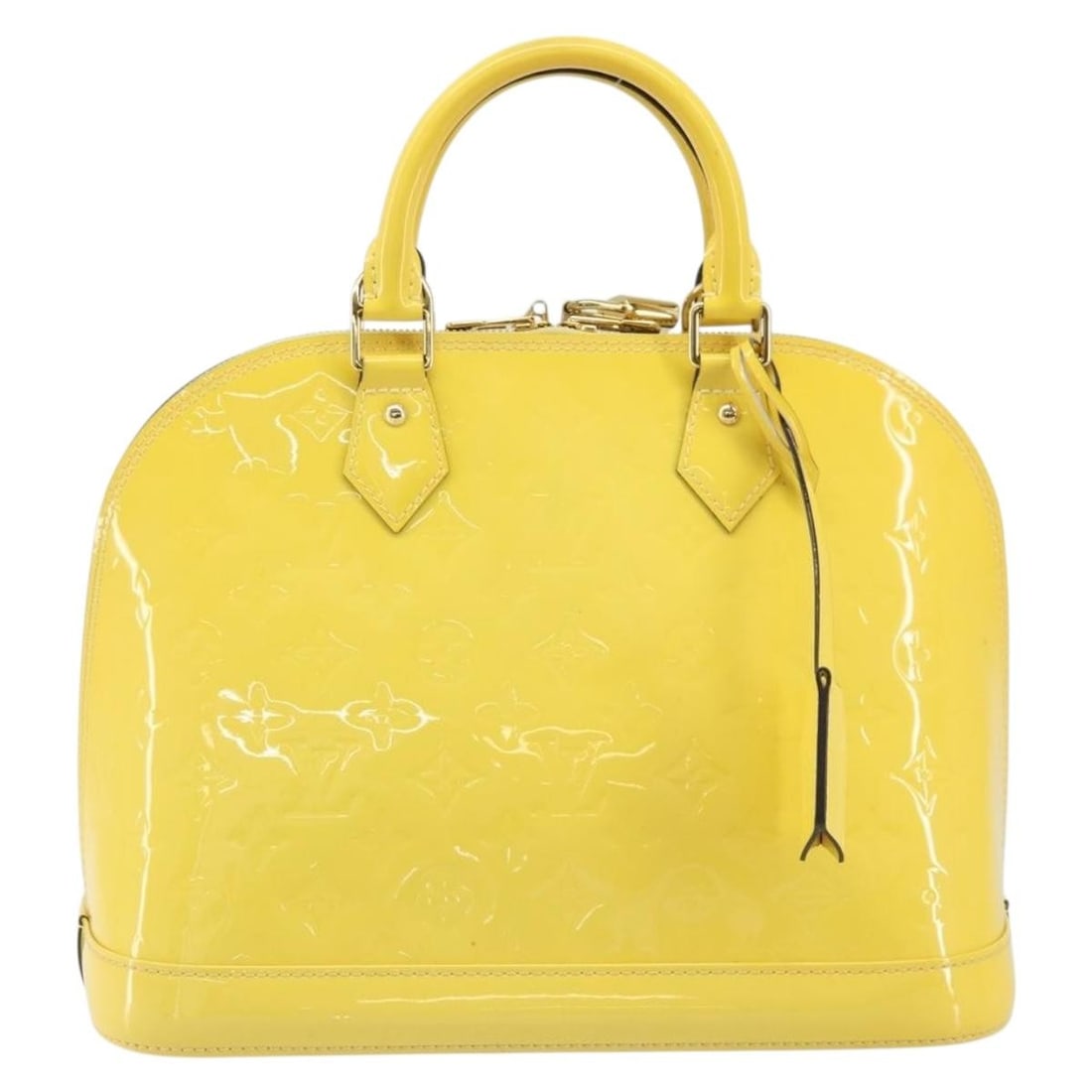 Louis Vuitton Yellow Patent Leather Alma Purse 32cm by 26cm by 16cm: Louis Vuitton Yellow Patent Leather Alma Purse 32cm by 26cm by 16cm This Louis Vuitton Alma handbag features the iconic Monogram Vernis patent leather in a yellow color. Designed for women, the handba
