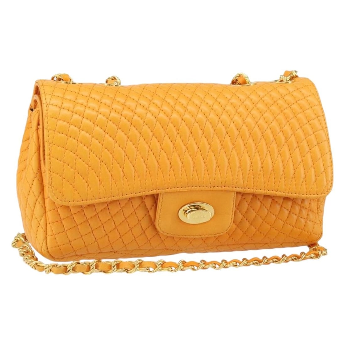 BALLY Orange Leather Shoulder Bag With Chain Strap and Dust Bag: BALLY Orange Leather Shoulder Bag With Chain Strap and Dust Bag This women's shoulder bag features an orange leather exterior accented with gold-tone details. It offers a chic chain shoulder strap wit