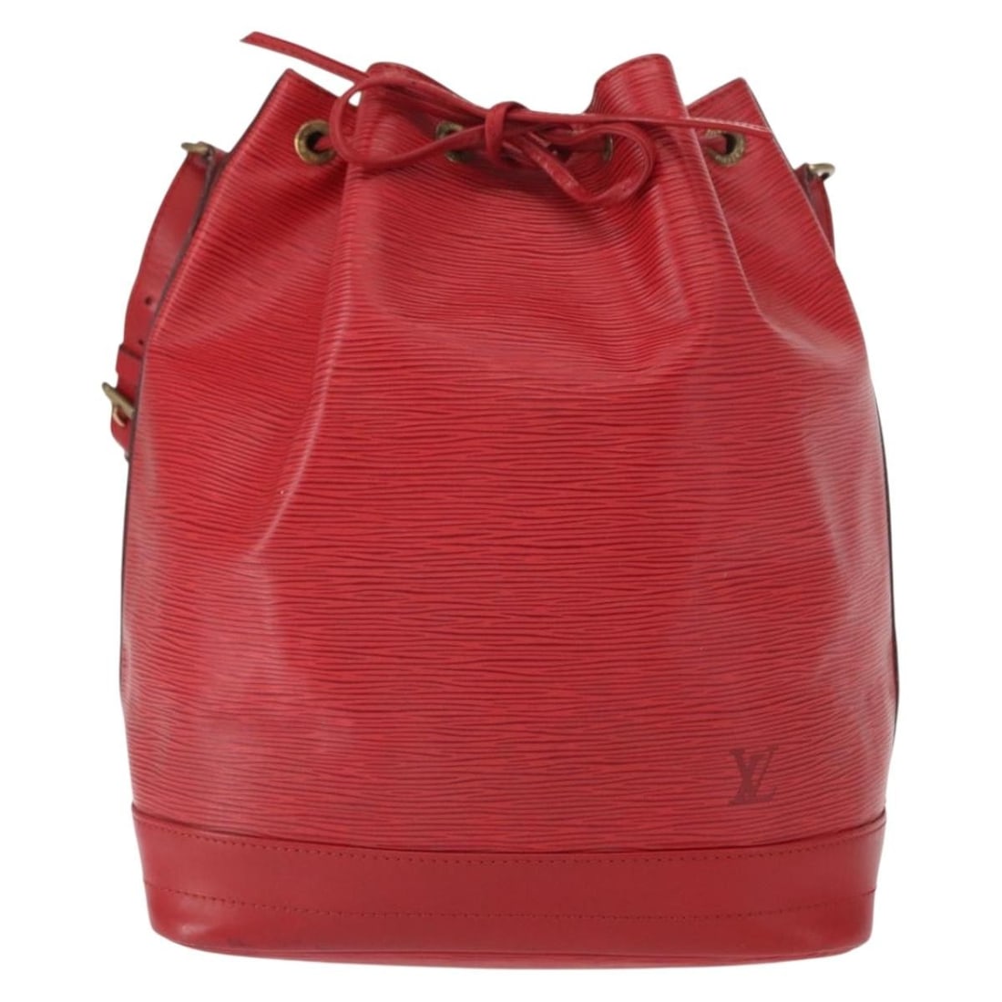Red Epi Leather Noe Bucket Bag by Louis Vuitton France: Red Epi Leather Noe Bucket Bag by Louis Vuitton France This Louis Vuitton Noe Handbag features durable Epi leather in red, designed for women. The bag shows signs of use, including some rubbing, stain