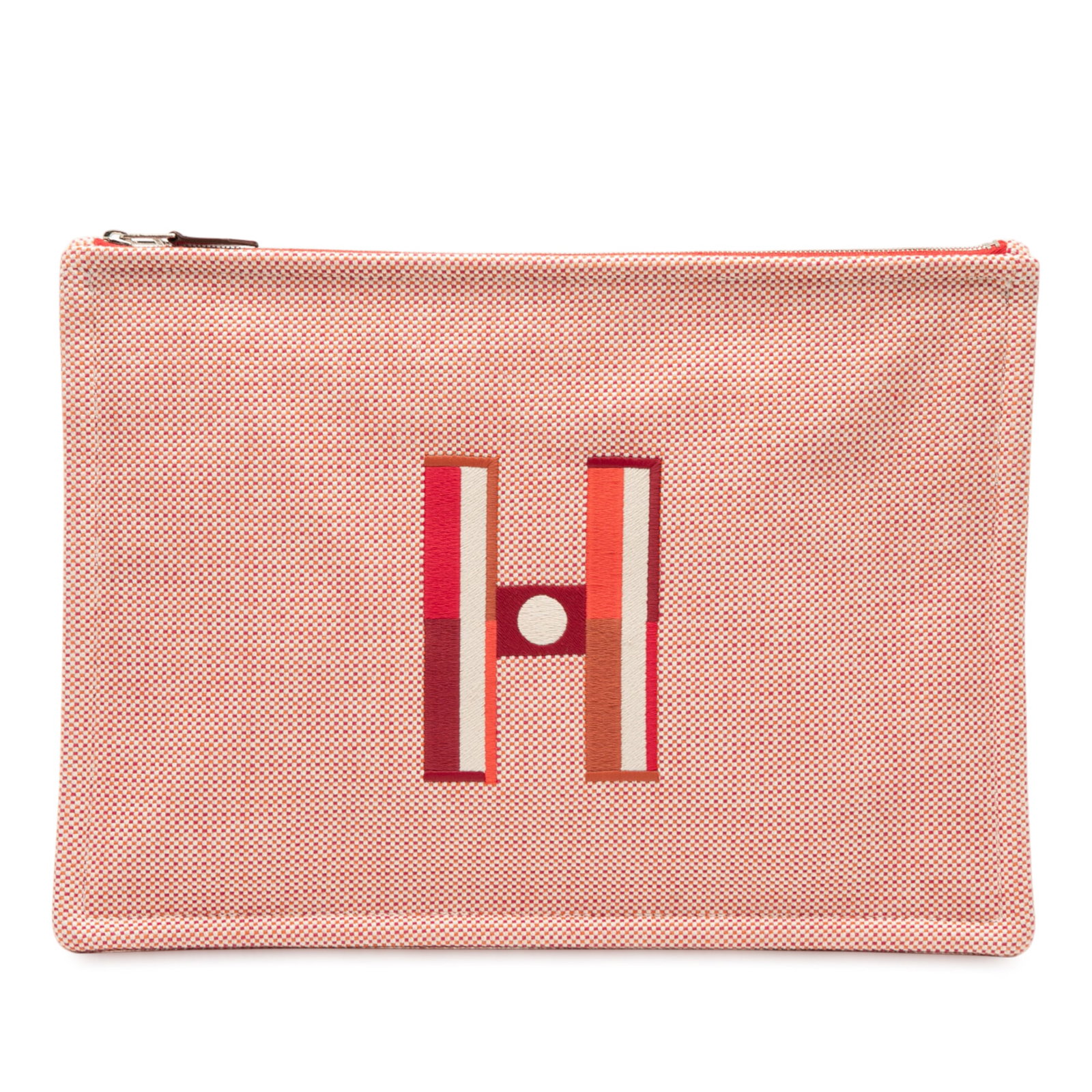 Hermes Large H Canvas Faubourg Corner Case Red Clutch Bag: Hermes Large H Canvas Faubourg Corner Case Red Clutch Bag This stylish Hermes clutch, the Large H Canvas Faubourg Corner Case, showcases a striking tricolor canvas body adorned with Faubourg Corner em