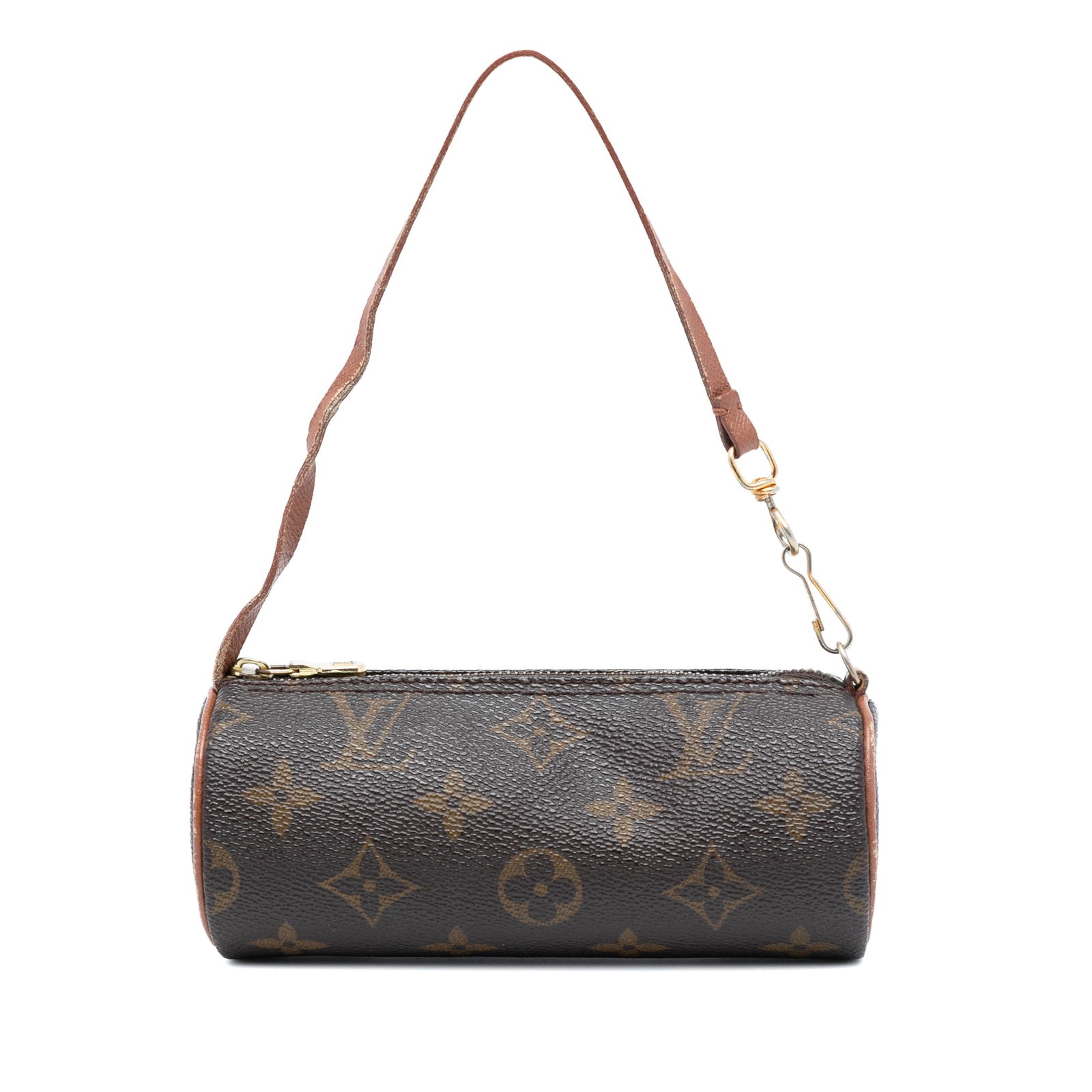 Louis Vuitton Papillon Monogram Canvas Pochette Bag with Leather Strap: Louis Vuitton Papillon Monogram Canvas Pochette Bag with Leather Strap This Louis Vuitton Monogram Papillon Pochette features a signature monogram canvas body with a detachable flat leather strap and