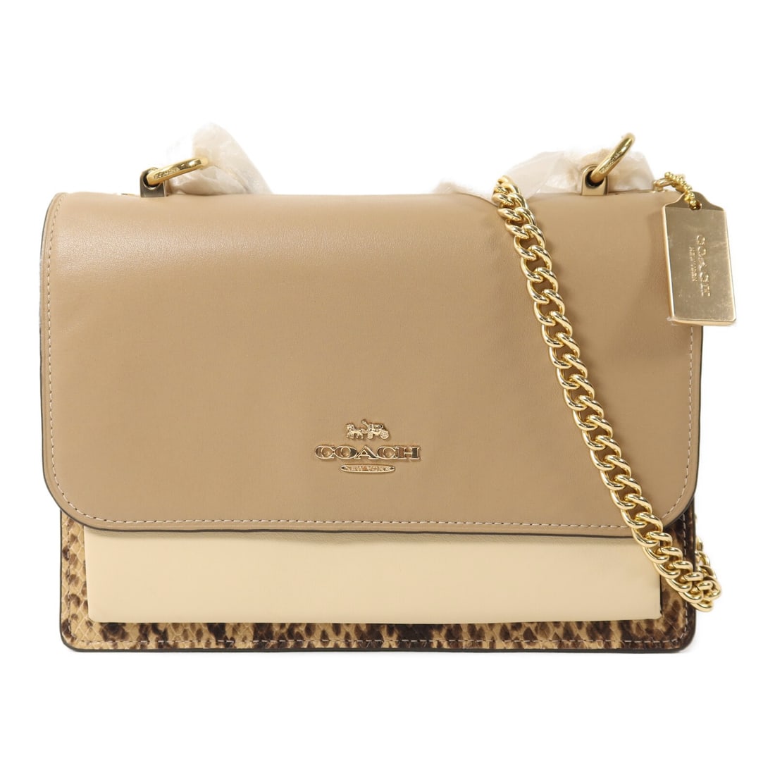Coach Calfskin F2272 Beige Shoulder Bag with Gold Hardware Chain: Coach Calfskin F2272 Beige Shoulder Bag with Gold Hardware Chain This COACH shoulder bag is crafted from beige calfskin leather and features a chain strap. The bag is in pristine, un-used condition an
