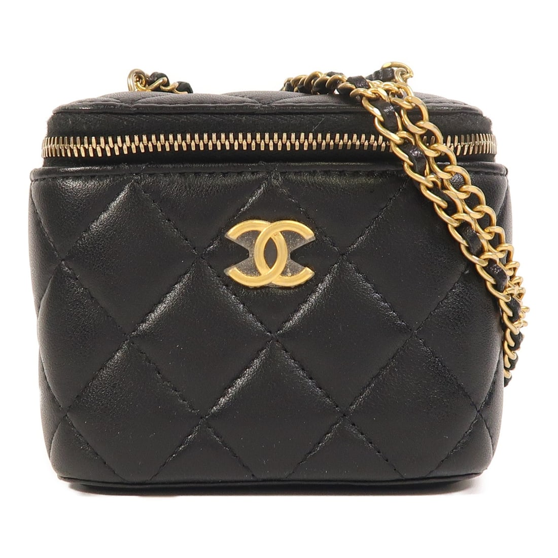 CHANEL Mini Vanity Bag Black Lambskin Leather with Chain Shoulder Strap: CHANEL Mini Vanity Bag Black Lambskin Leather with Chain Shoulder Strap Introducing the CHANEL Mini Vanity Chain Shoulder Bag, a luxurious accessory crafted from premium lambskin leather in a classic