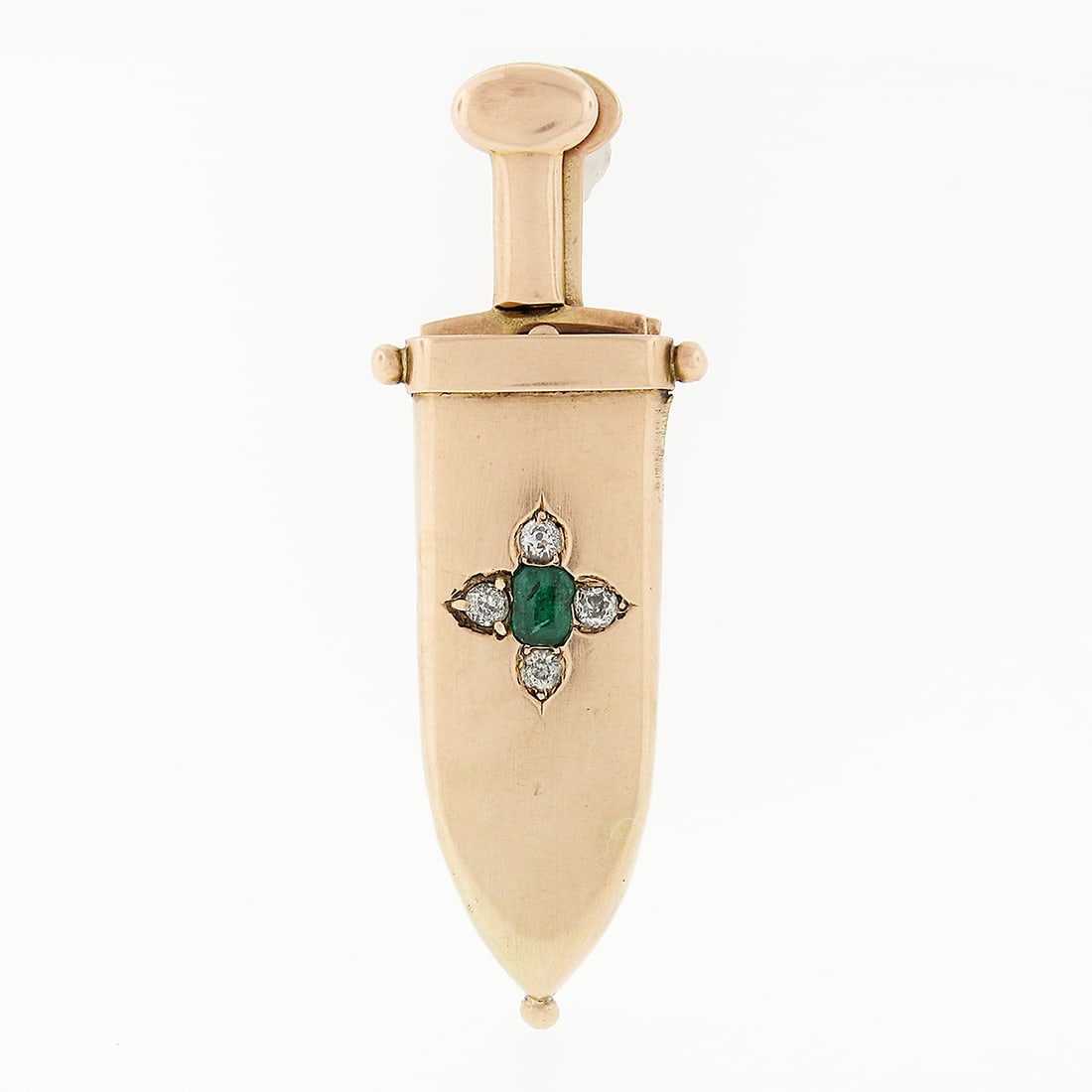 Antique Victorian 14k Gold Emerald Diamond Sword Cigar Cutter Brooch: Antique Victorian 14k Gold Emerald Diamond Sword Cigar Cutter Brooch This exquisite Early Victorian brooch pin showcases a unique sword and sheath design, expertly crafted from solid 14k yellow gold w