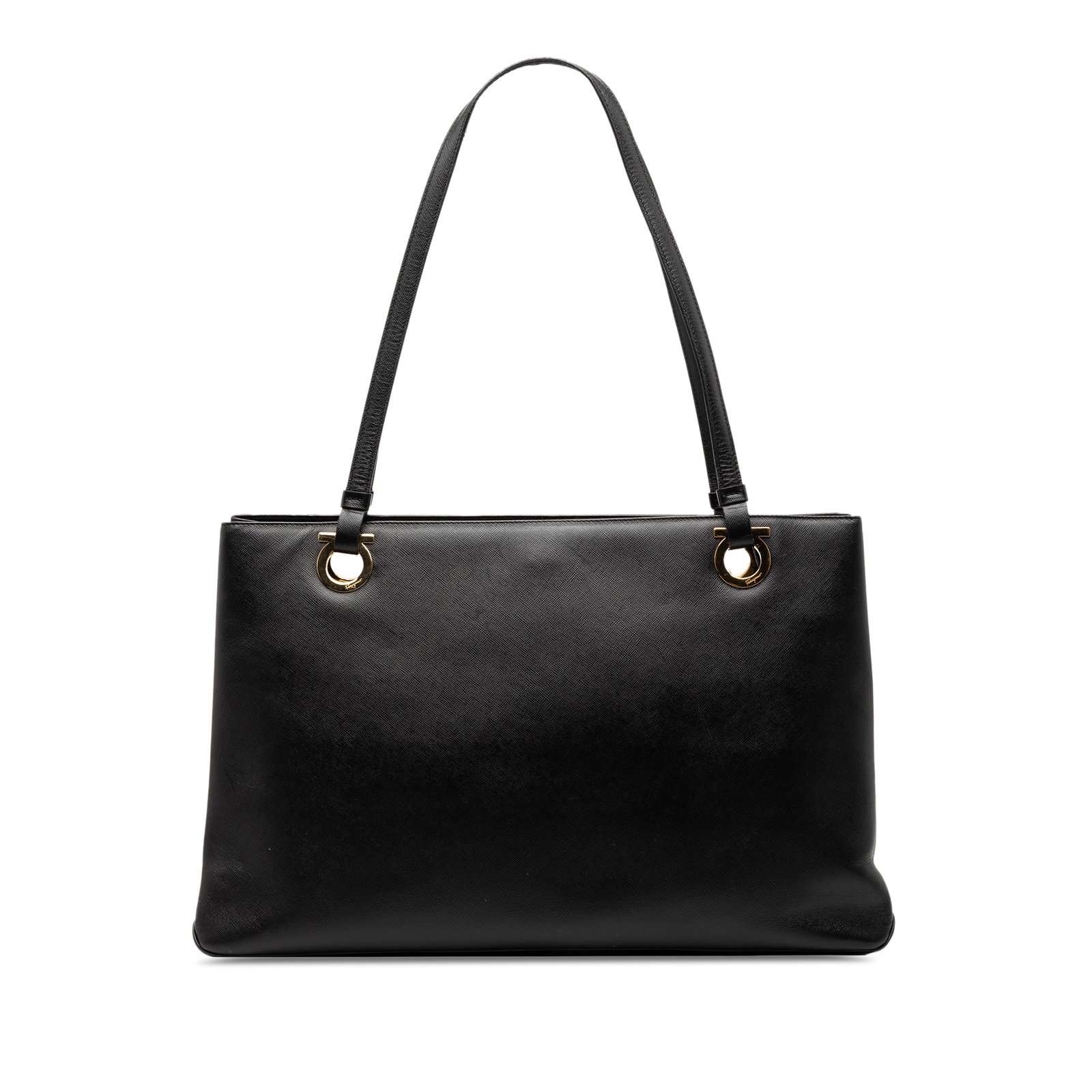 Black Leather Gancini Tote Bag by Ferragamo: Black Leather Gancini Tote Bag by Ferragamo This Ferragamo Leather Gancini Tote features a black leather exterior with flat leather handles and an open top secured by a magnetic snap closure. The inte