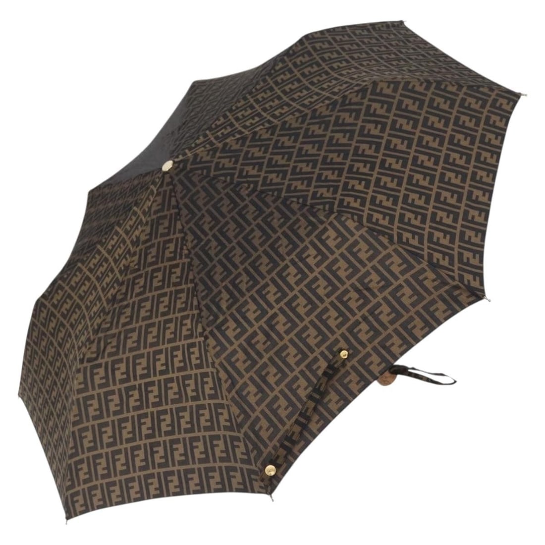 Fendi Brown and Gold Zucca Nylon Folding Umbrella for Women: Fendi Brown and Gold Zucca Nylon Folding Umbrella for Women This FENDI Zucca folding umbrella is crafted from nylon and Zucca canvas in a brown and gold color combination. Designed for women, it is ma